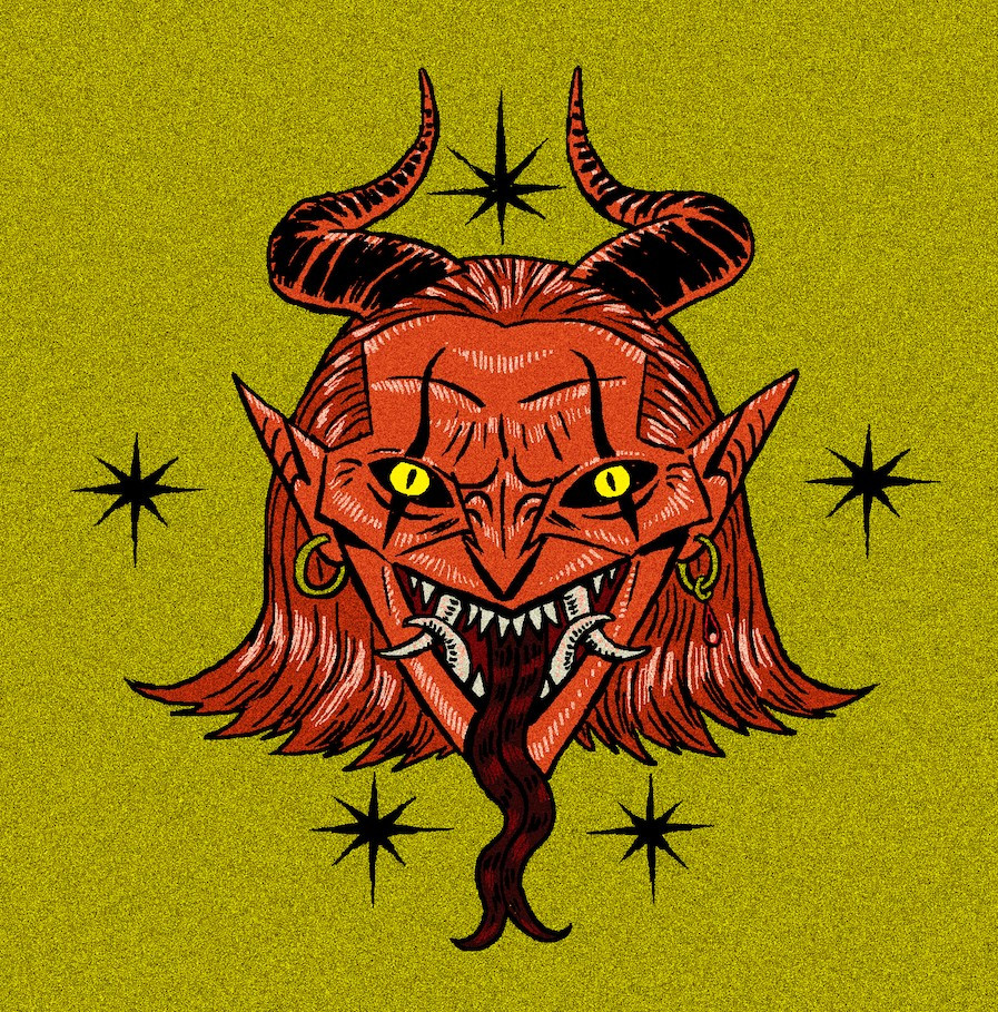 a red devil face with large teeth and a forked tongue