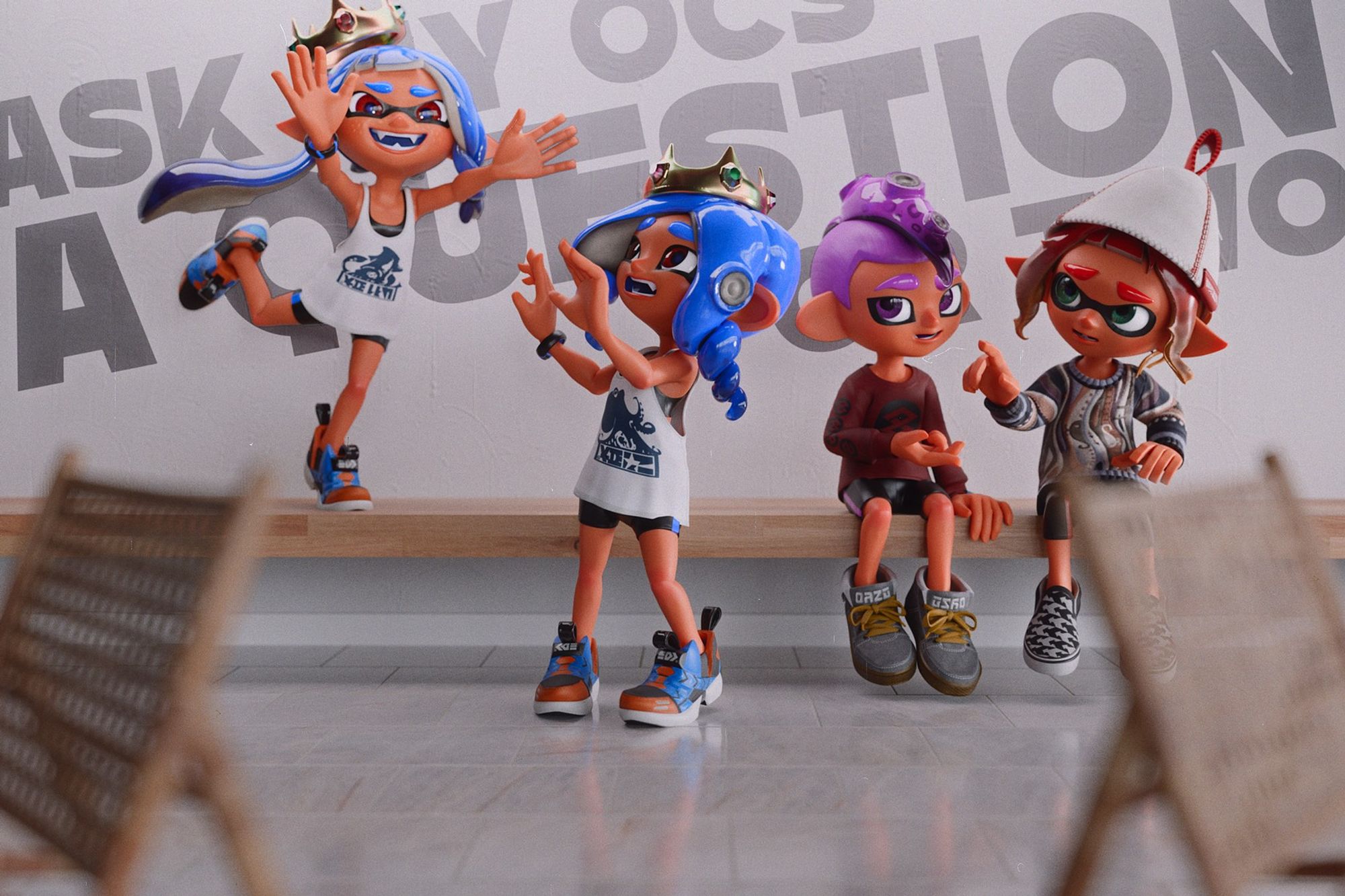 Cappy standing on a bench, looking like she's about to launch into space, Pippy standing looking horrified witnessing this. Hachi and a yet-unnamed male inkling are sitting, looking like they're glancing in Cappy's direction, witnessing disaster a moment before it happens.

The wall has the text "Ask my OCs a question or two" written on it, tilted.