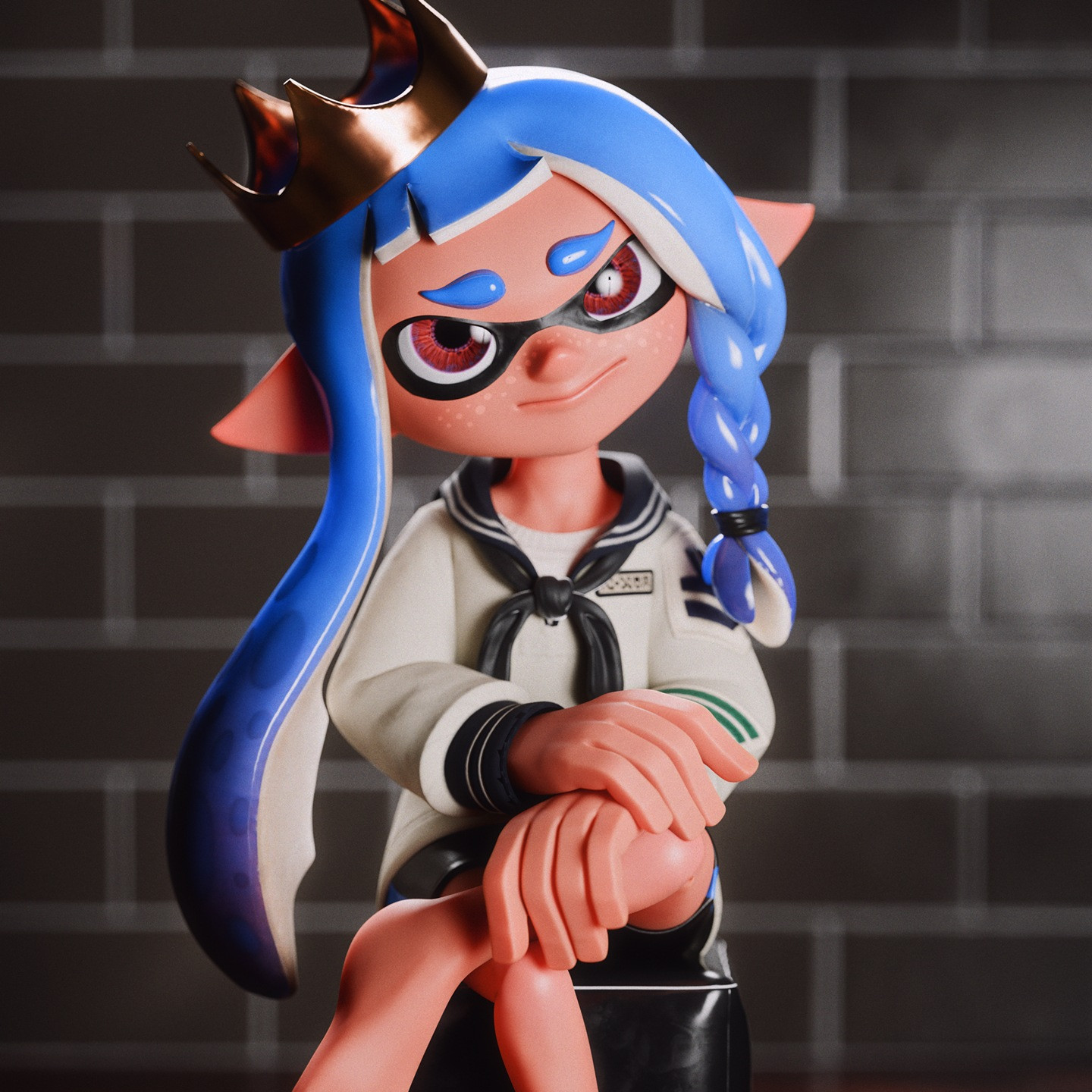 Cappy, sitting on a chair with her legs crossed, hands on top of each other, looking into the camera with a stern, slightly disappointed look.