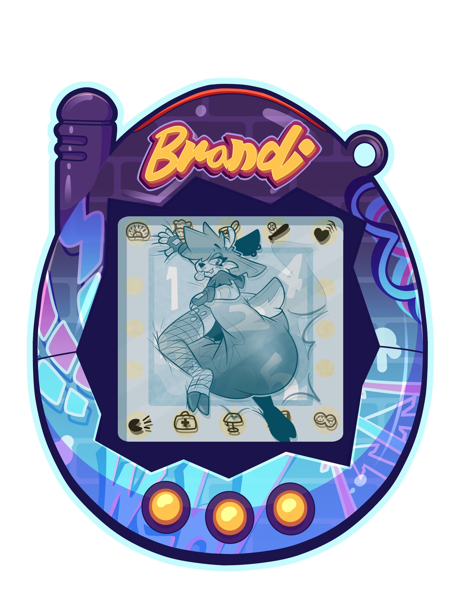 A tamagotchi themed furry con badge! The inside features Brandi laying on her stomach looking at the viewer all snarky, a SUPER FULL diaper on display! Smelly deer hours...