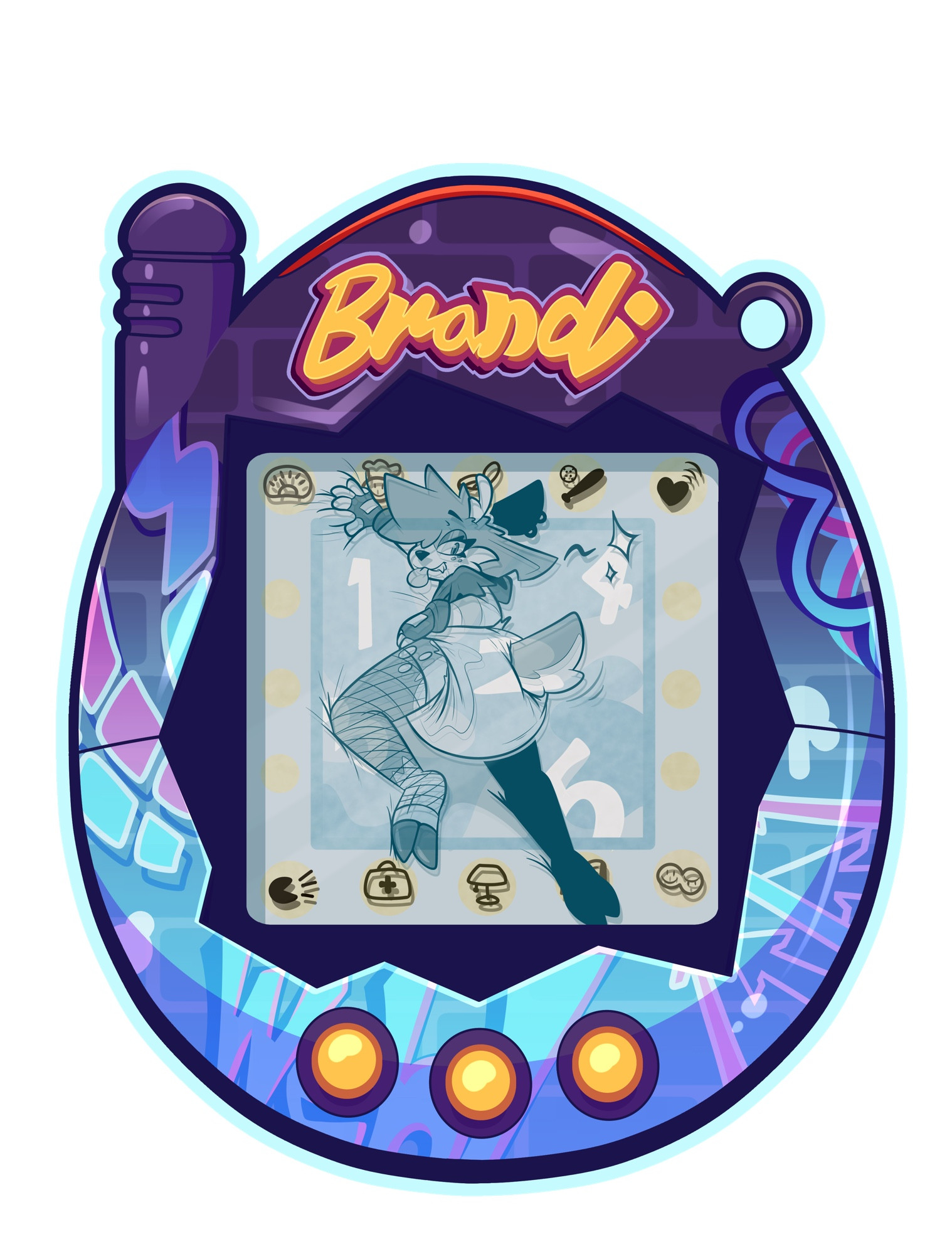 A tamagotchi themed furry con badge! The inside features Brandi laying on her stomach looking at the viewer all snarky, diaper on display~