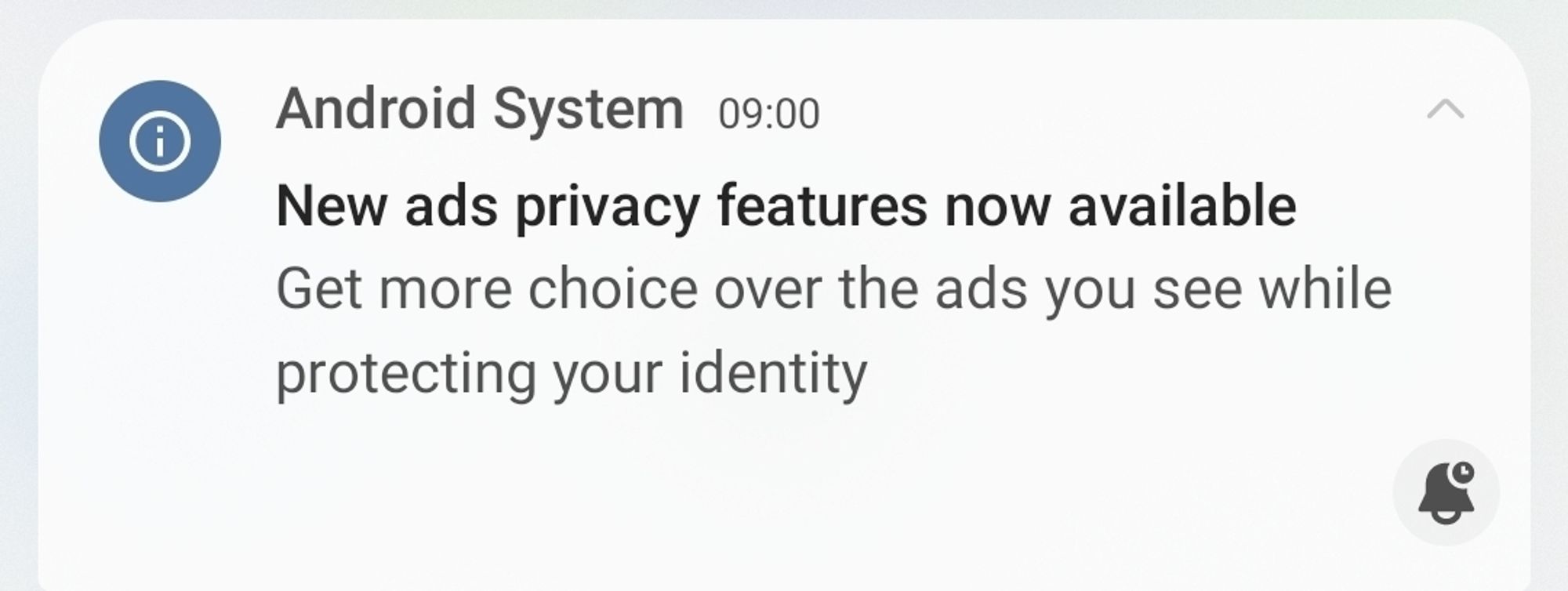 Notification announcing new "ad privacy features"