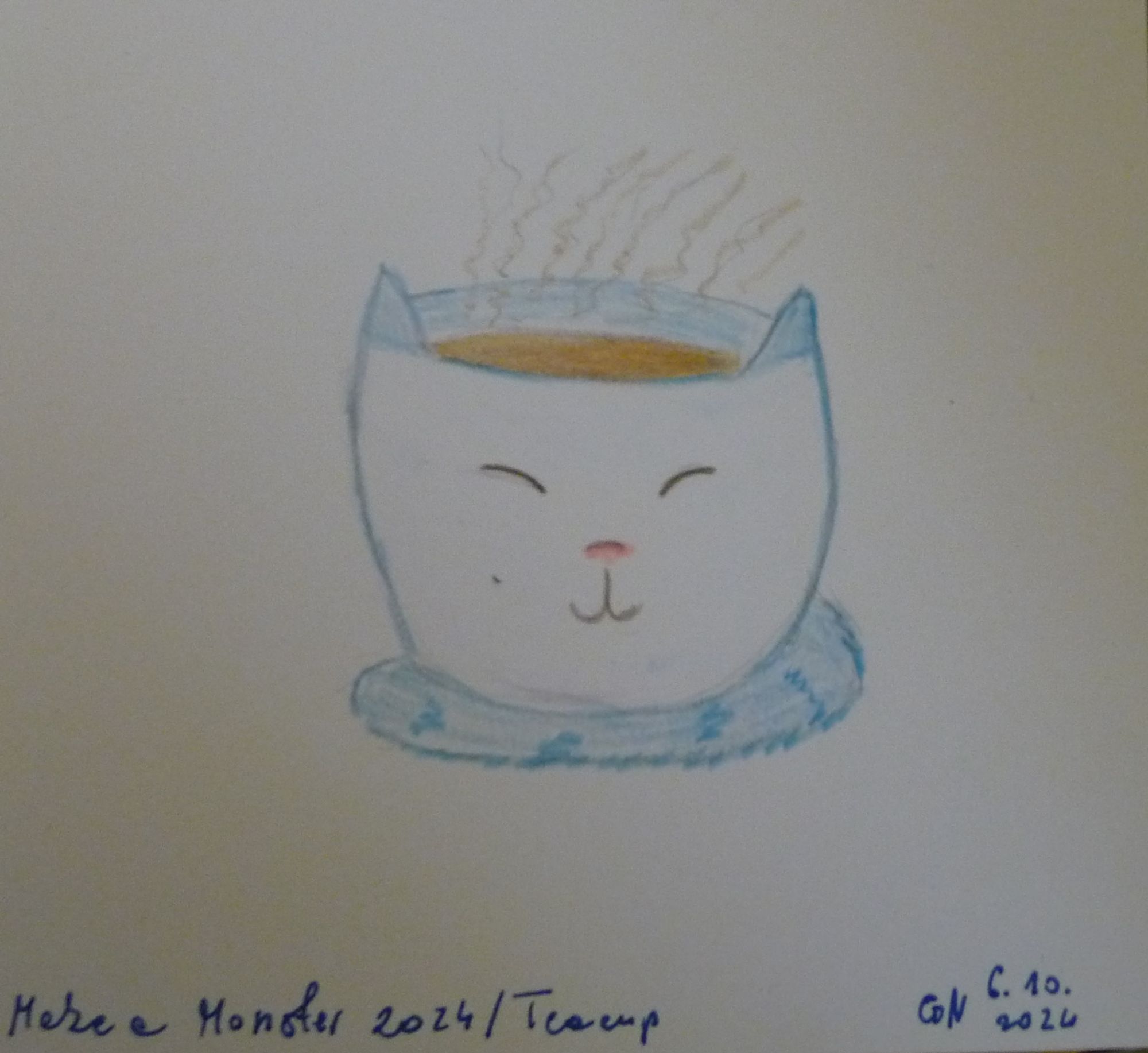 A drawing of white teacup-cat-monster with blue ears, inside of teacup and a saucer-tail. Teacup-cat-monster is full of hot black tea. Under the drawing there is a writing "Make a Monster 2024 / Teacup" and a signature "GN 6.10.2024".