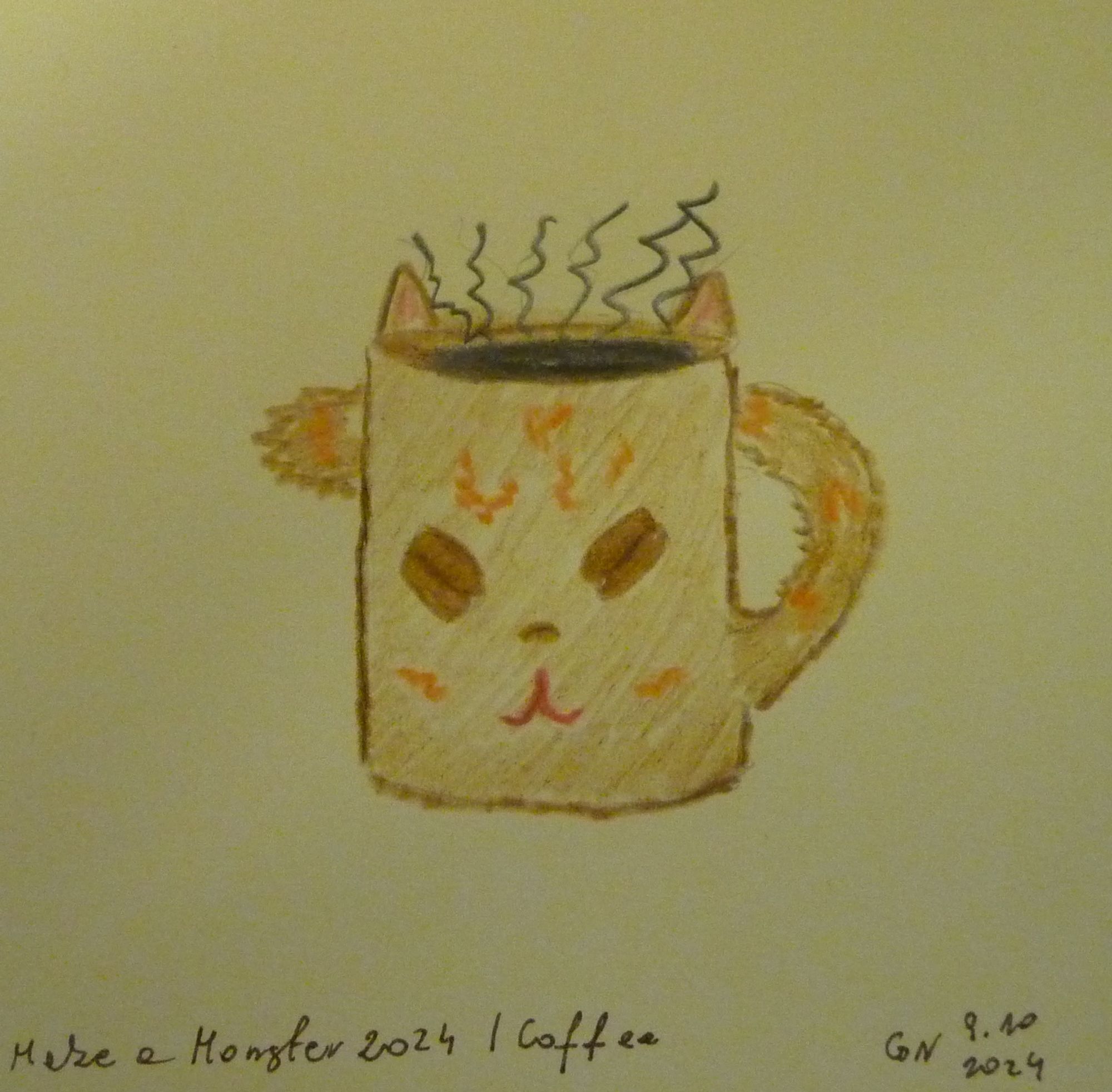 A drawing of orange-brown cat-mug of coffee monster with eyes made out of coffee beans. Under it there's writing "Make a Monster 2024 / Coffee" and a signature "GN 9.10.2024".