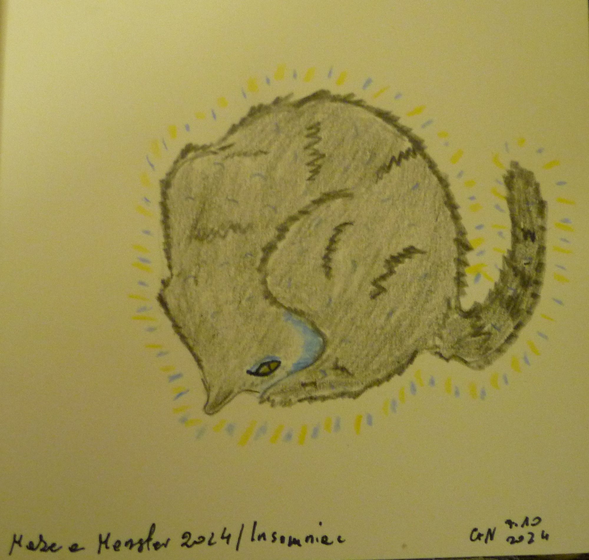 A drawing of grey cat-dragon monster in a shrimp position, trying to sleep, with one golden eye visible - open. Blue light comes from where its head meats with its leg indicating some sort of telly being on. Blue and yellow light sparks are surrounding it in an insomnia field. Under the drawing there's writing "Make a Monster 2024 / Insomniac" and a signature "GN 7.10.2024".