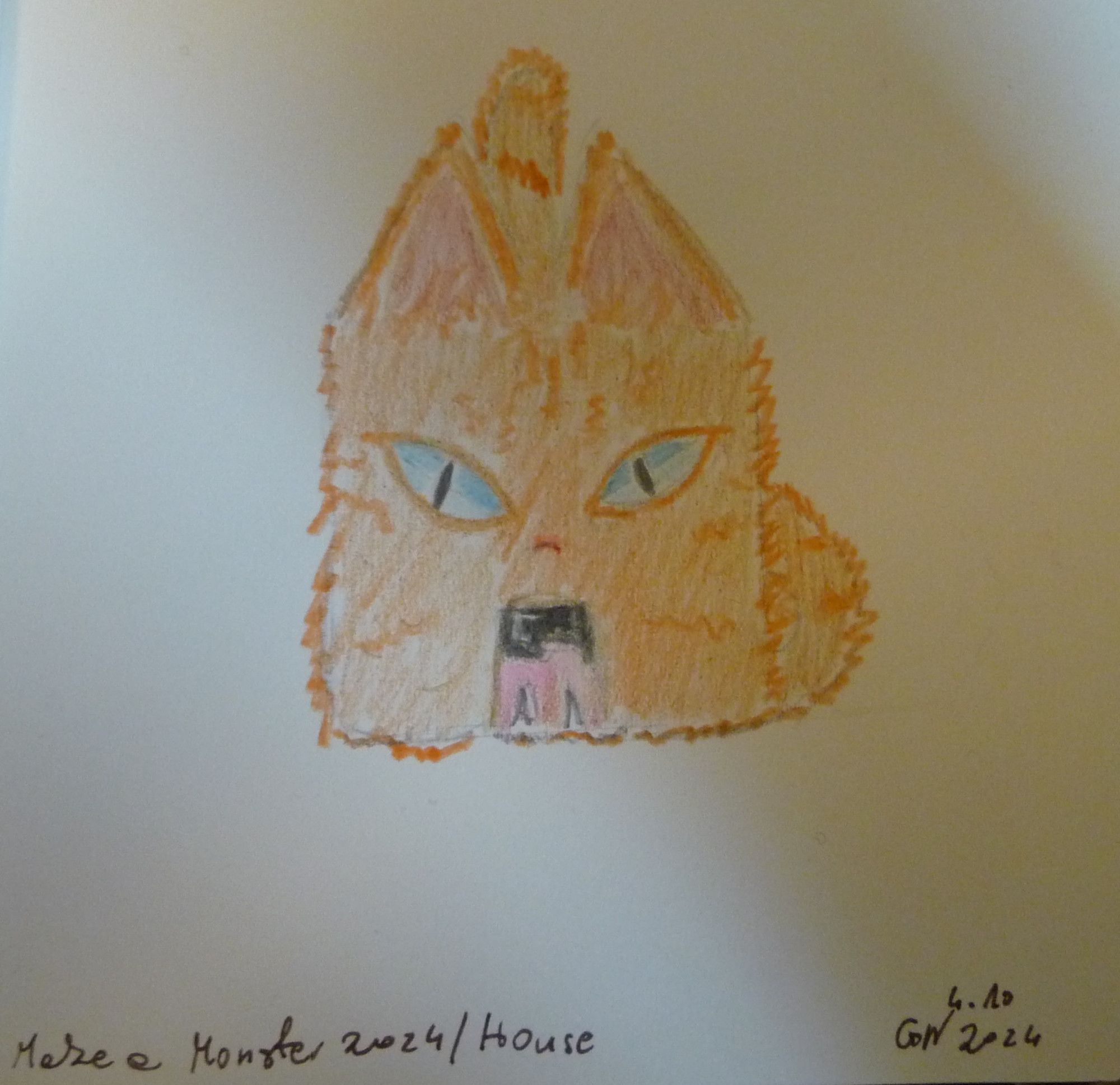 A drawing of orange cat that is a house with eyes as windows, open mouth as a door, ears as a roof and tail as a chimney. Underneath is there is text "Make a Monster 2024 / House" and a signature "GN 4.10.2024".