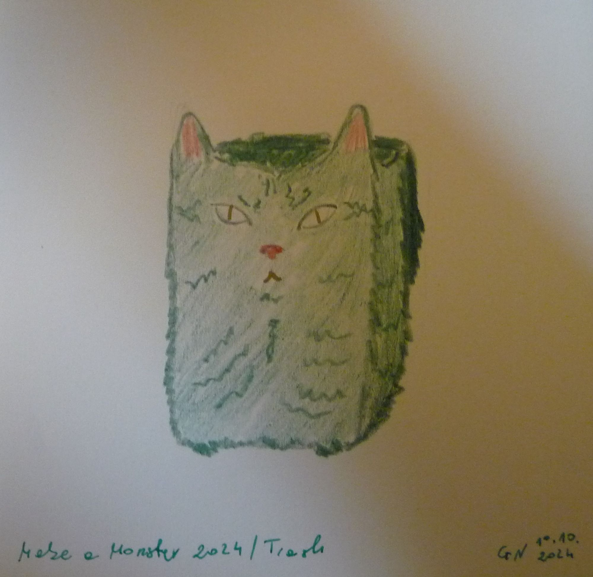 A drawing of cat monster in a shape of european (like the one that eats Mickey in this one episode of Doctor Who) green trash can with open lid and white cat eyes and cat ears. Under it there's writing "Make a Monster 2024 / Trash" and a signature "GN 10.10.2024".