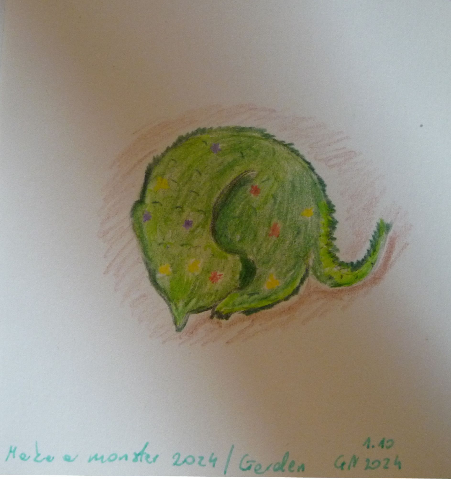 A drawing of cat-dragon monster with grassy fur-scales and tiny flowers growing on it. The monster is rolled into a shrimp shape with tail sticking out to the right. Underneath it it's written in teal pen: Make a monster 2024 / Garden 1.10.2024 GN