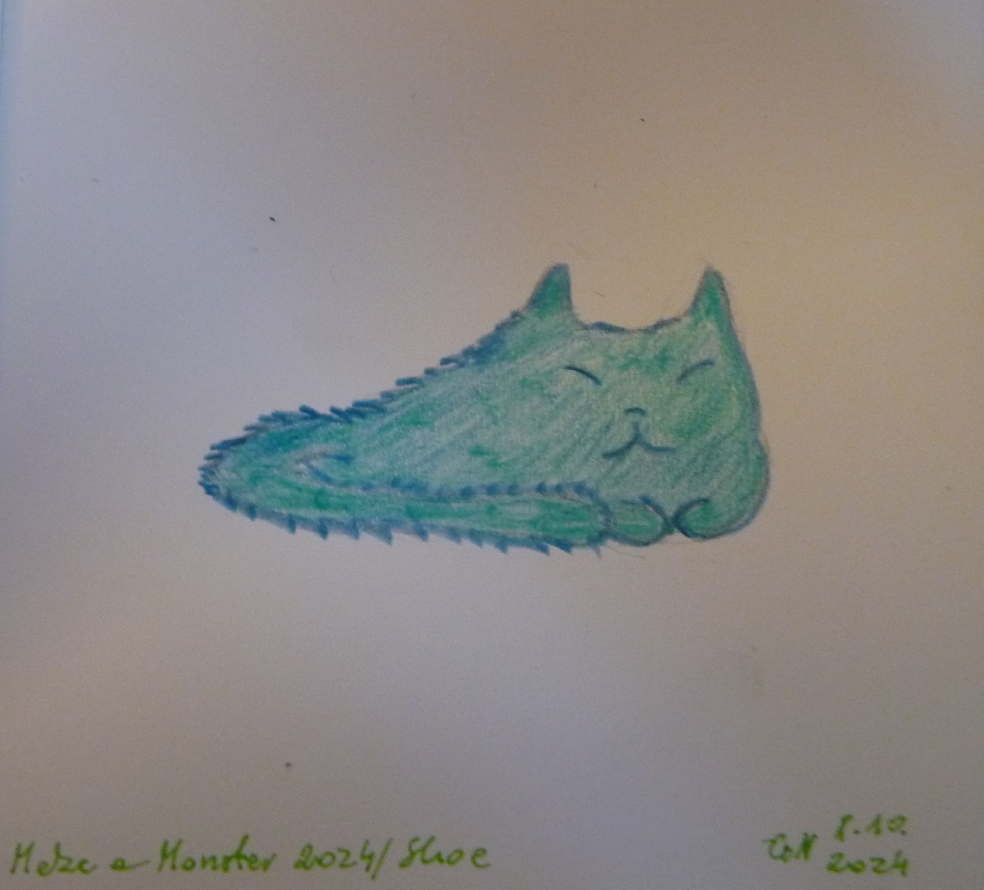 A drawing of teal green shoe mimmic cat-dragon monster. Under it there's writing "Make a Monster 2024 / Shoe" and a signature "GN 8.10.2024".