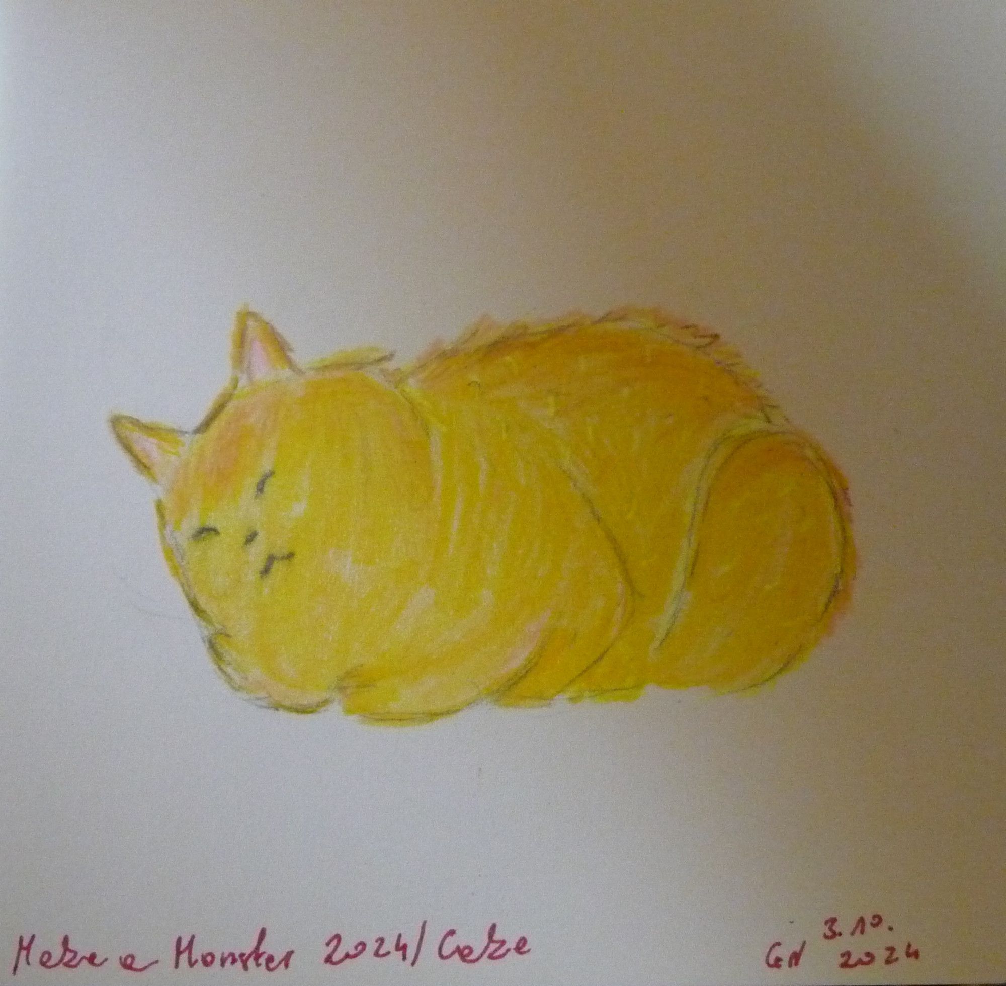 A drawing of a sleepy yellow cat-dragon monster in a position of a loaf. Under it there's writing "Make a Monster 2024 / Cake" and a signature "GN 3.10.2024".