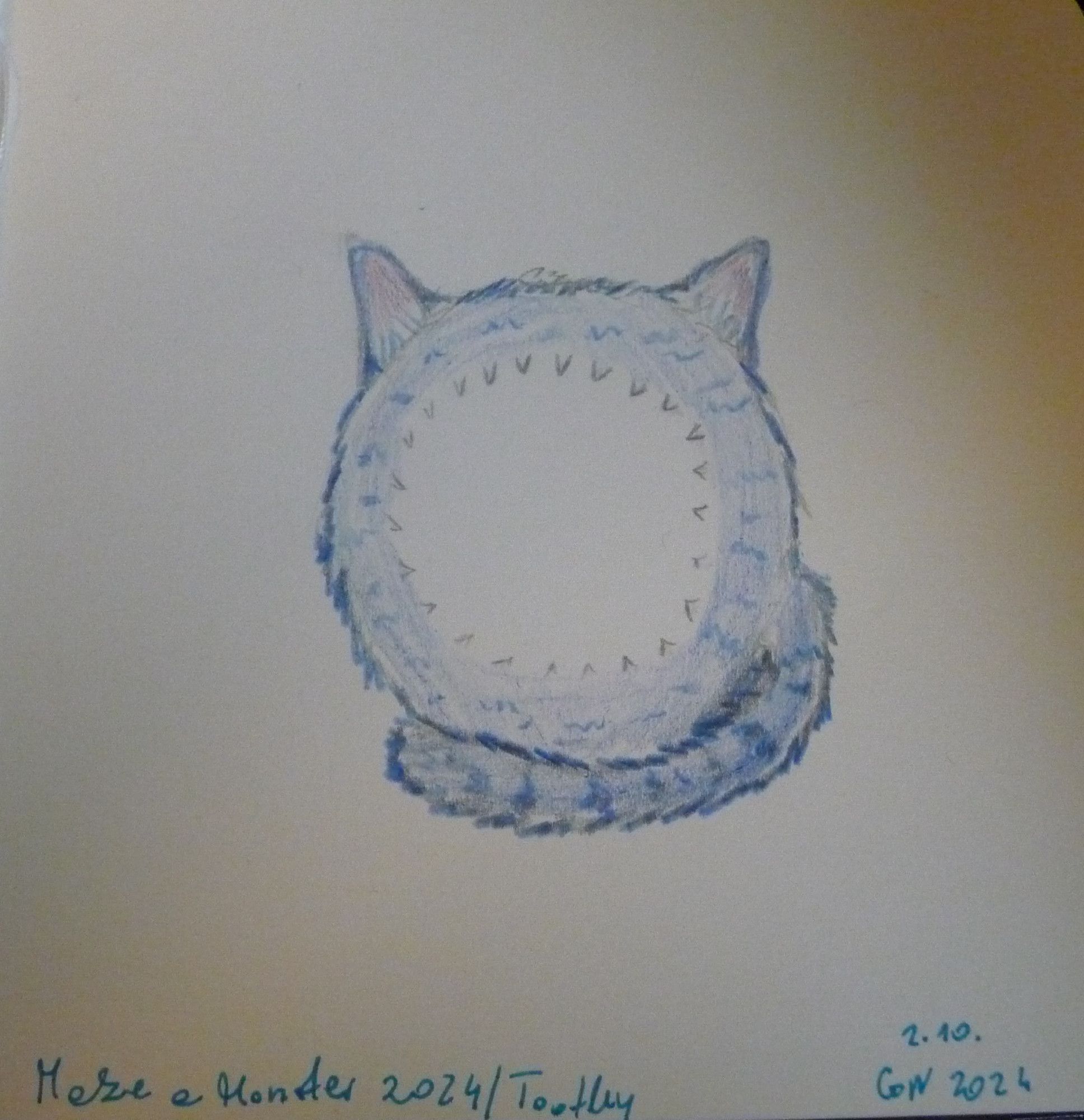 A blue drawing of round hole monster with a lot of teeth and cat ears and fluffy cat tail. Under it is text: Make a Monster 2024 / Toothy 2.10.2024 GN.