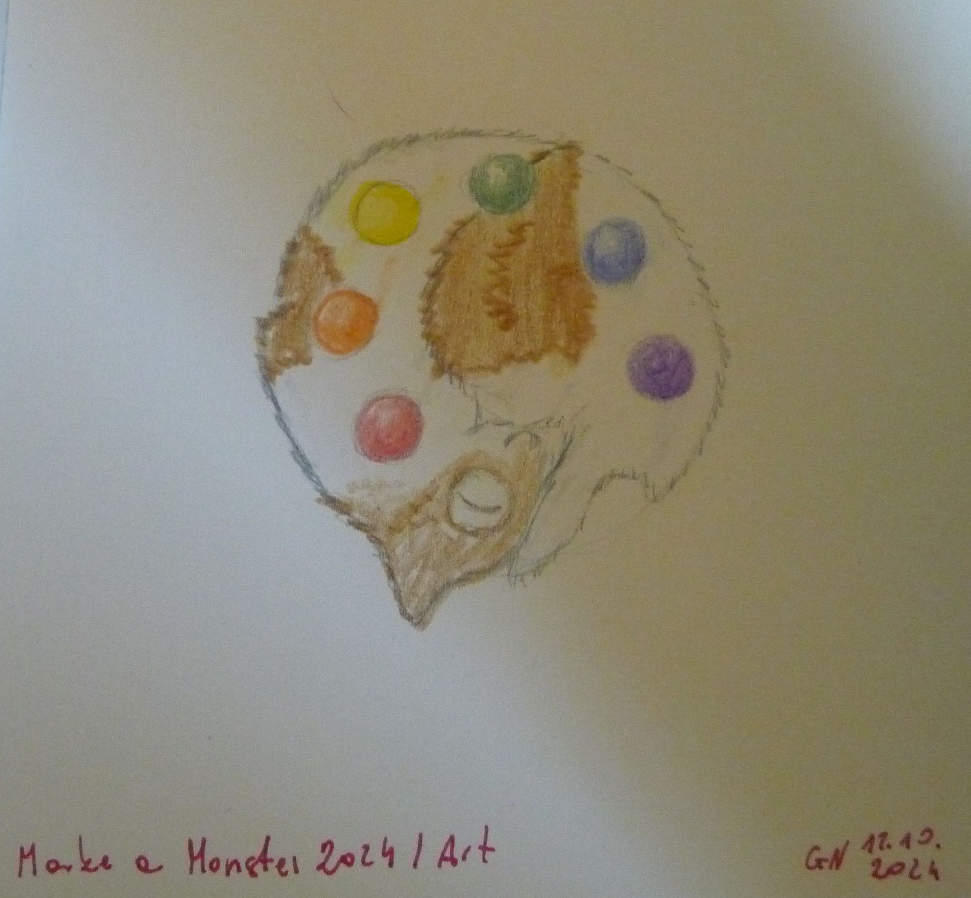 A drawing of a white cat monster with brown spots in a shrimp position, shaped like a paint pallett with big spots in rainbow colours mimmicking paint and a big round eye mimmicking holding spot. Under it there's writing "Make a Monster 2024 / Art" and a signature "GN 12.10.2024". 