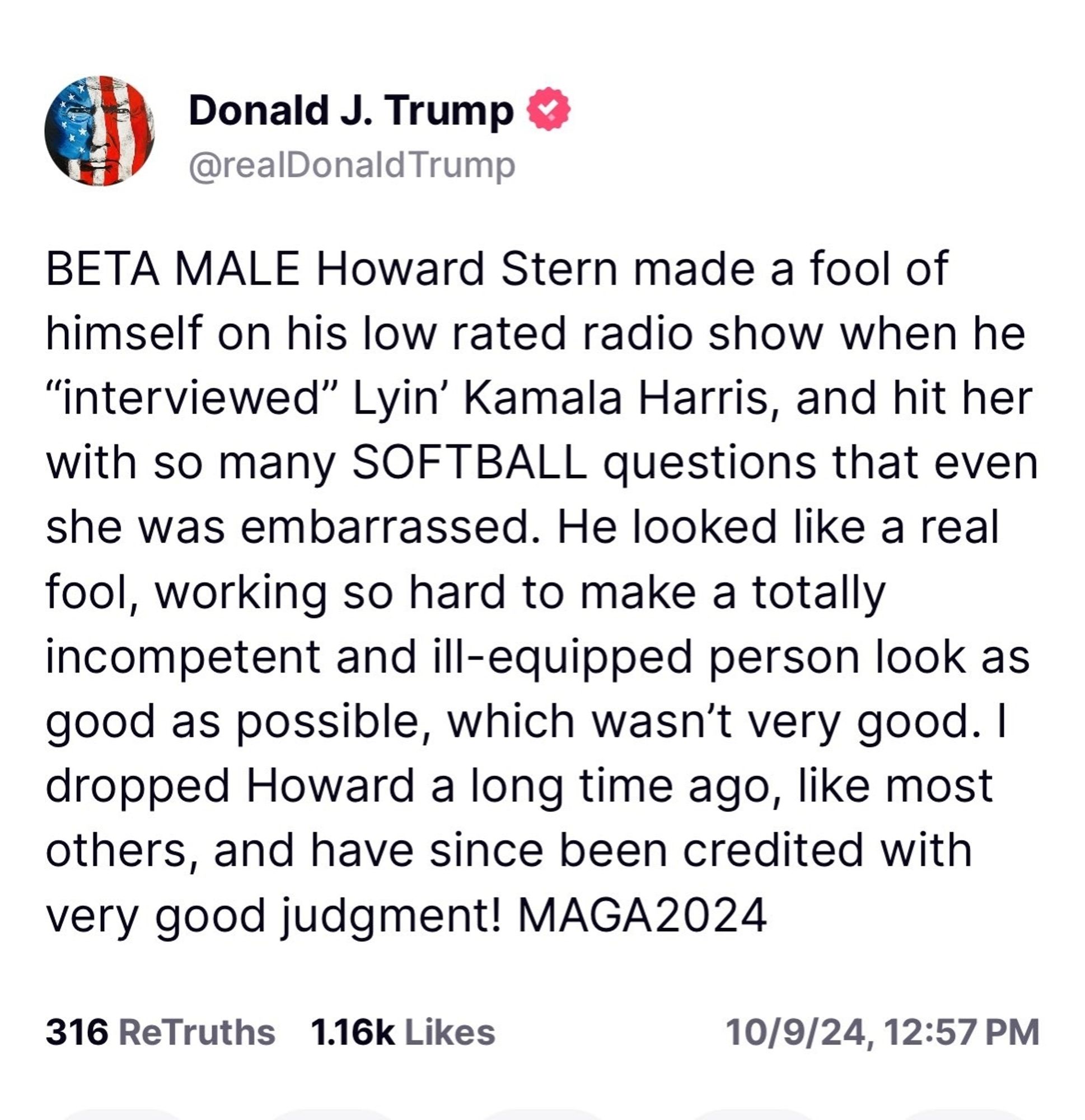 Trump loses his mind over Howard Stern interview and calls him a beta male