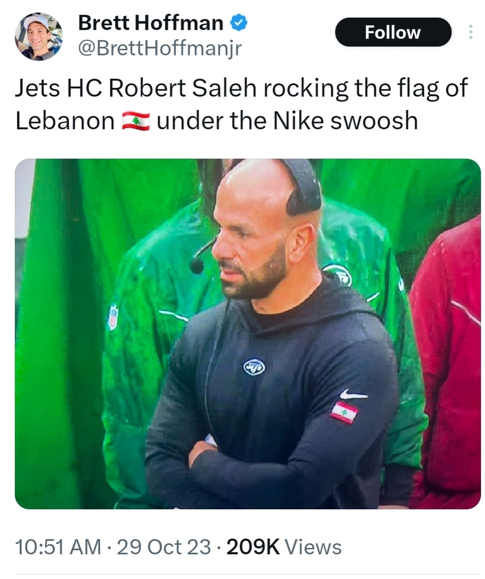 Saleh wearing Lebanese flag and Brett Hoffman commenting on it from 2023