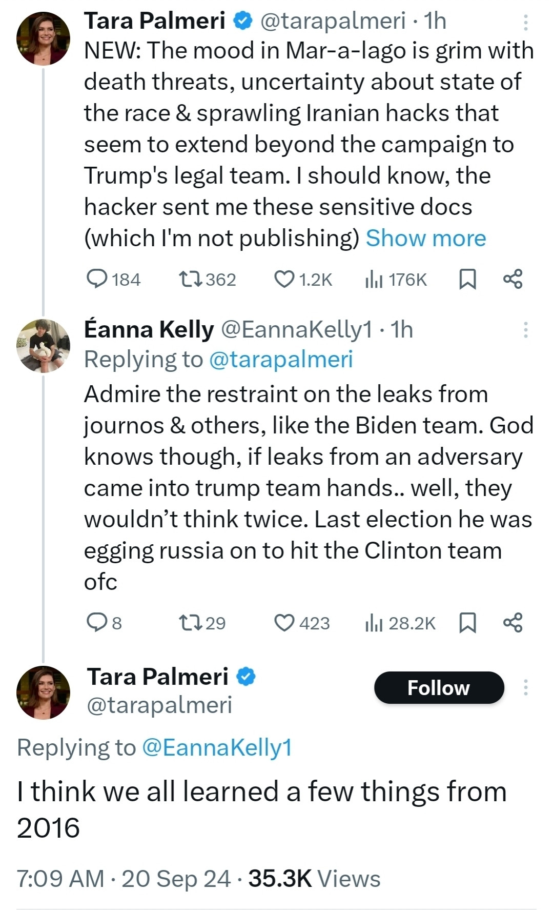 Tara Palmeri says she got hacked docs about the Trump campaign and legal team but isn't going to publish them because we "learned a few things from 2016"