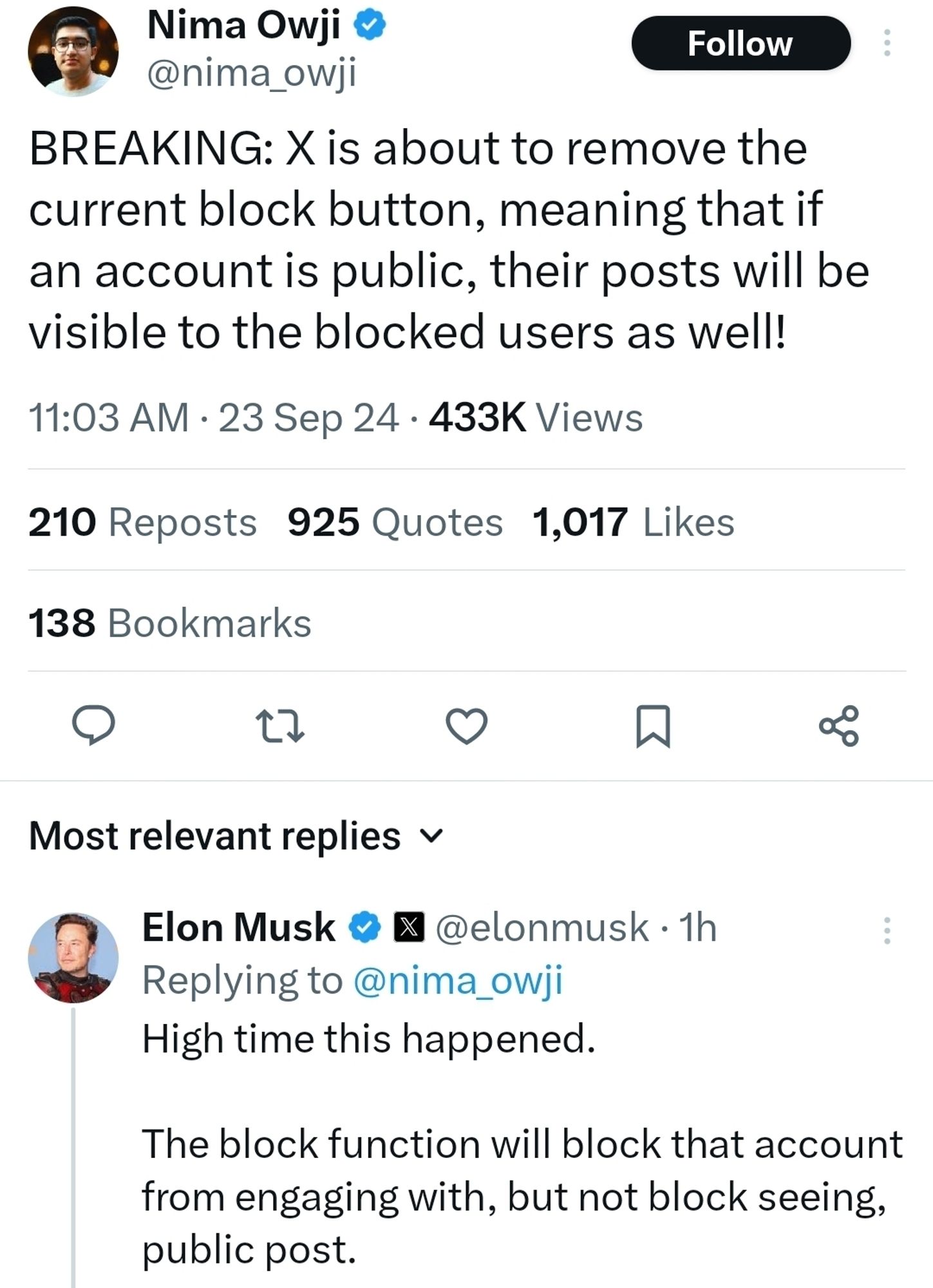 BREAKING: X is about to remove the current block button, meaning that if an account is public, their posts will be visible to the blocked users as well!

Elon says high time this happened. Block will stop you from engaging but you'll still have to see the public post