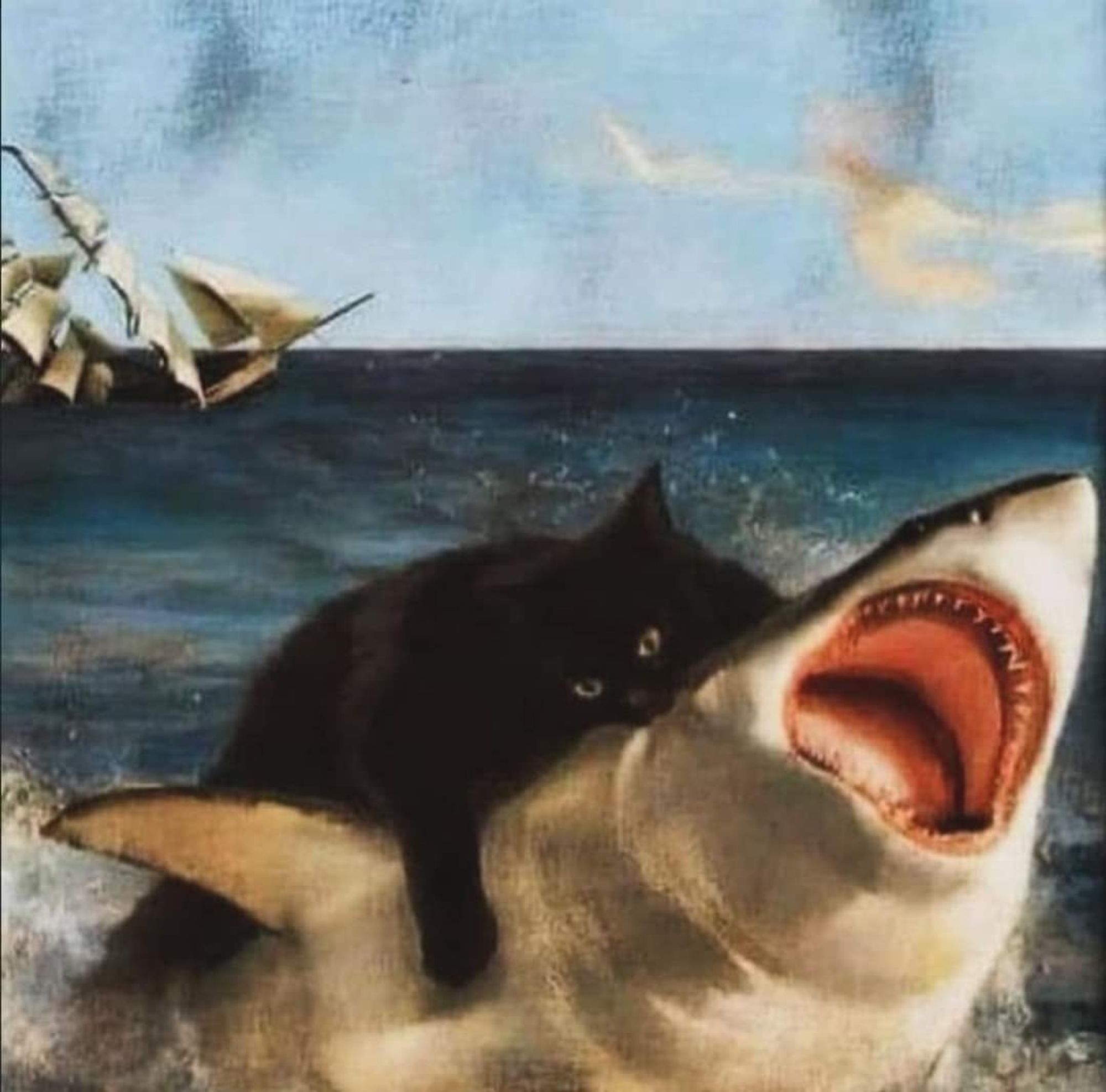 Patining of a cat eating a shark with a boat sinking