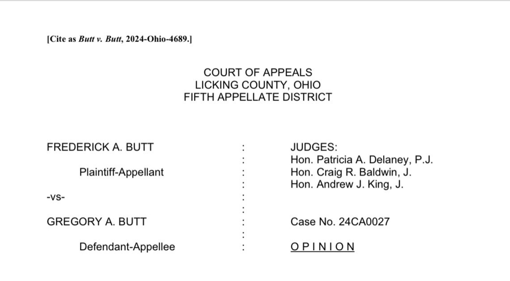 Fredrick Butt v Gregory Butt court of appeals licking county Ohio fifth appellate