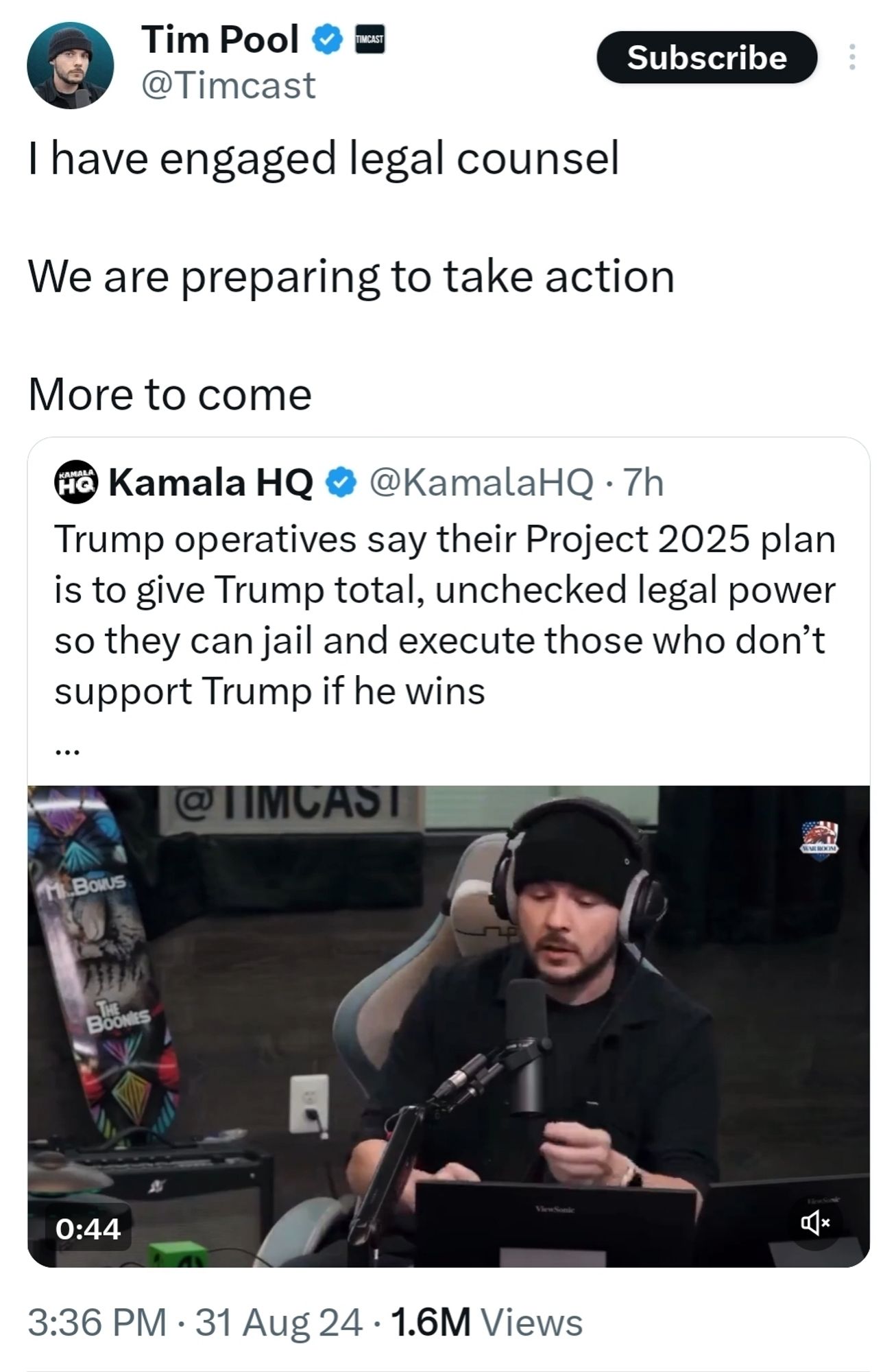 Tim pool said he's going to sue Kamala HQ for posting a video he himself posted. 

Trump operatives say their Project 2025 plan is to give Trump total, unchecked legal power so they can jail and execute those who don’t support Trump if he wins

(They have since scrubbed this video from YouTube)