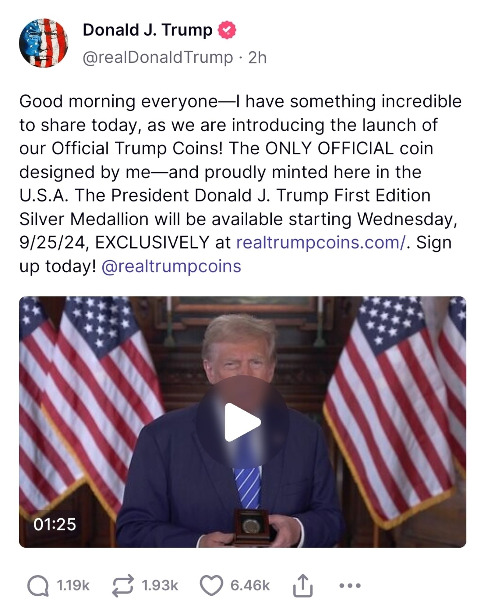 Trump on Truth Social. I'm selling official Trump coins silver pieces of shit.