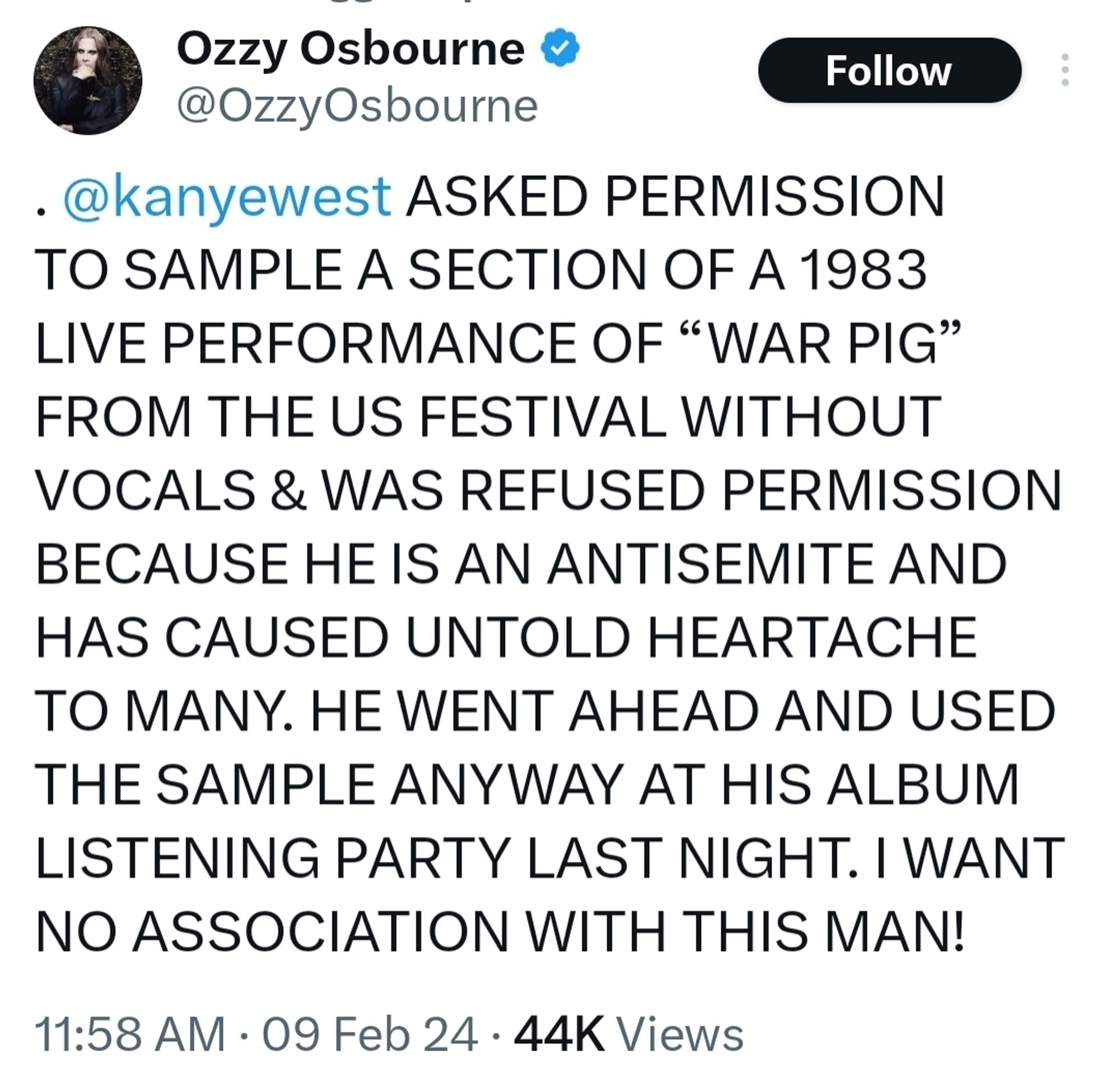 Kanye stole a sample of War Pig and ozzy ain't having it