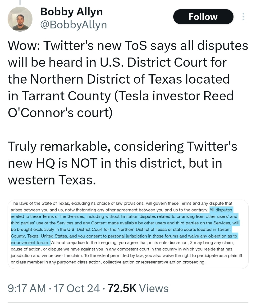 Wow: Twitter's new ToS says all disputes will be heard in U.S. District Court for the Northern District of Texas located in Tarrant County (Tesla investor Reed O'Connor's court) 

Truly remarkable, considering Twitter's new HQ is NOT in this district, but in western Texas.