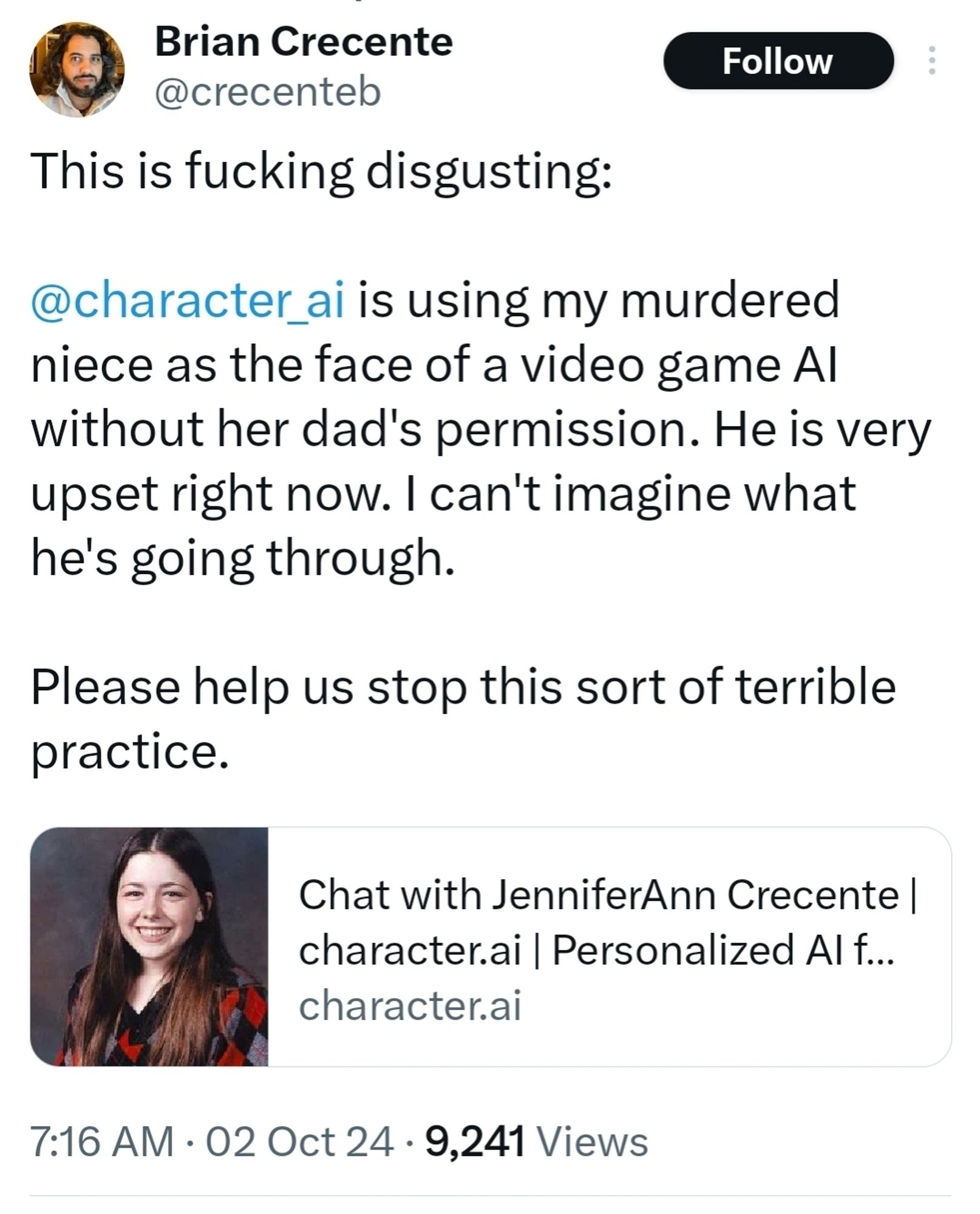 This is fucking disgusting: 

@character_ai is using my murdered niece as the face of a video game AI without her dad's permission. He is very upset right now. I can't imagine what he's going through.

Please help us stop this sort of terrible practice.