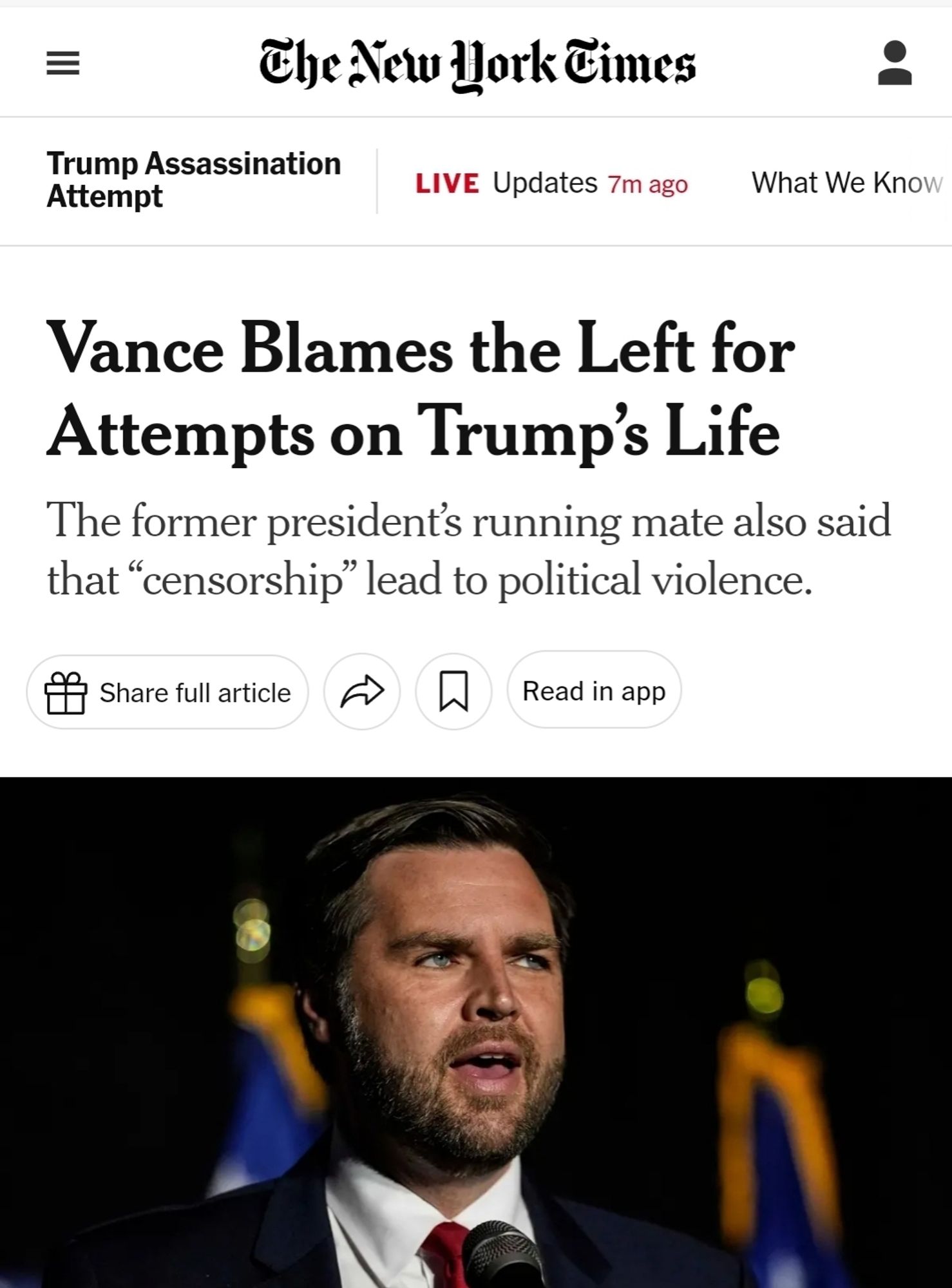 NYT sucks ass and JD Vance at the same time. Vance blames left for attempts on Trump's life