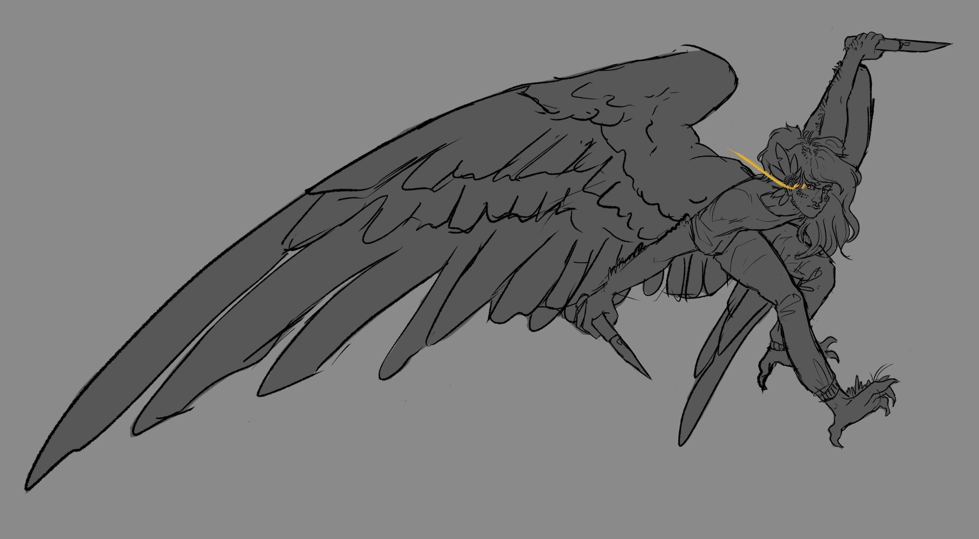 a fullbody sketch of the artist's oc, ezekiel. he is brandishing two knives, one in each hand, and appears to be either mid midair dive or about to enter one. his large wings are stretched out behind him and his eyes are coloured in yellow, with a yellow streak coming from one of them as he moves.