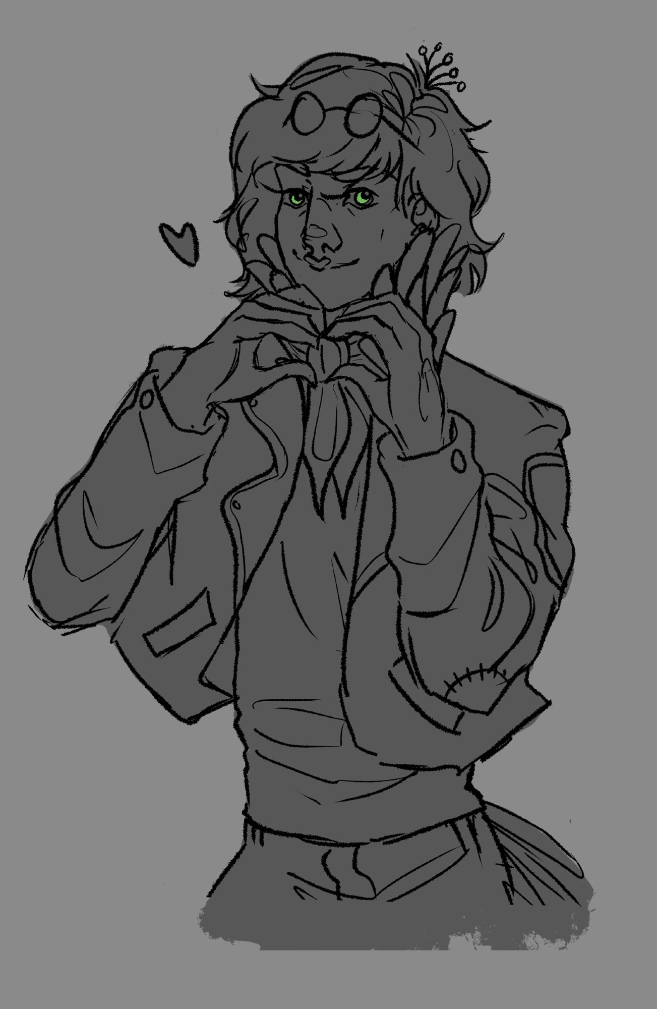 a hips up monochrome digital sketch of the artist's oc, eliel. he has his hands help up with his fingers making a heart, with a shit-eating smile and a little doodle heart next to his face. his eyes are coloured in green.