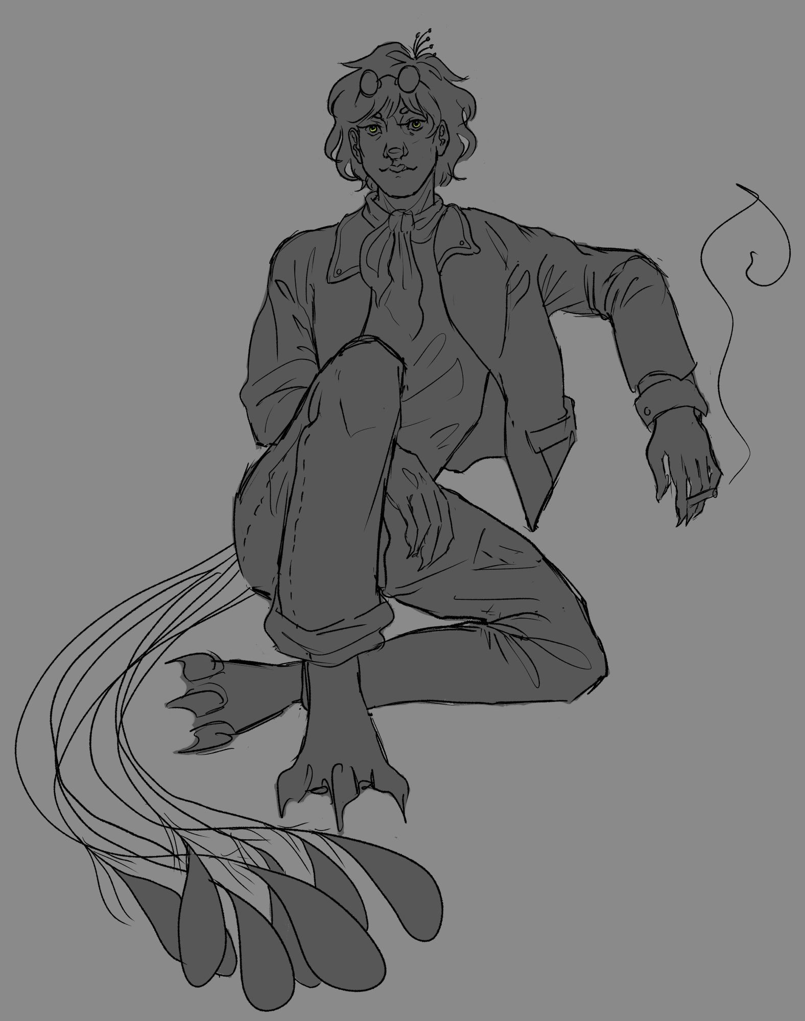 a fullbody monochrome sketch of the artist's oc, eliel. he is sitting casually with a cigarette in one hand and the other in his lap with his legs crossed at the ankles, his tail feathers spread around them. his eyes are coloured in green.