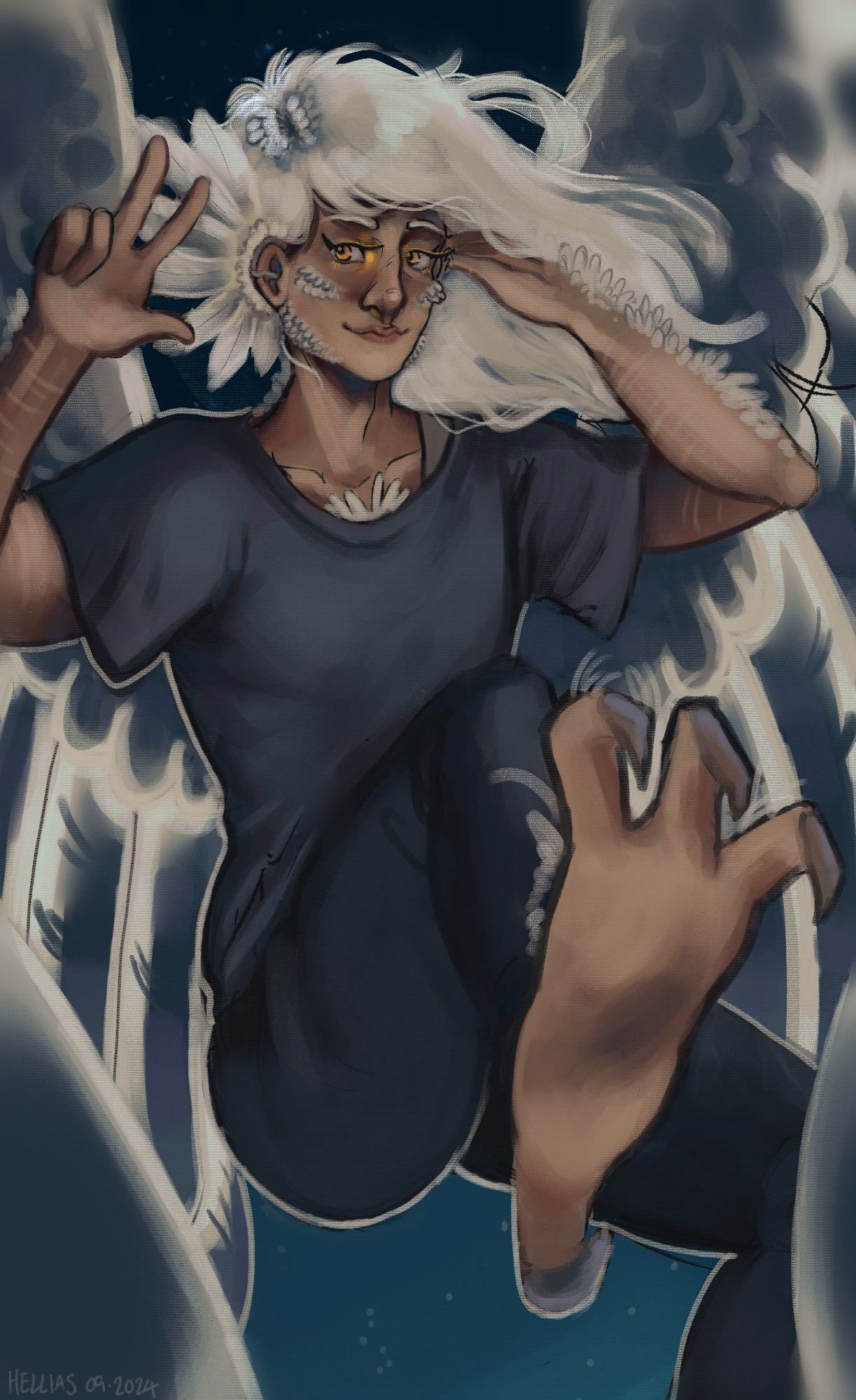 a full colour digital painting of the artist's oc, ezekiel. he is midair with one foot extended out towards the viewer, making the peace sign with one hand and saluting with the other. the background is of an early night/late evening sky, lighter blue at the bottom and darker blue towards the top, with a smattering of stars. there is light coming through the feathers of his wings, and rim lighting around him, probably from the moon.