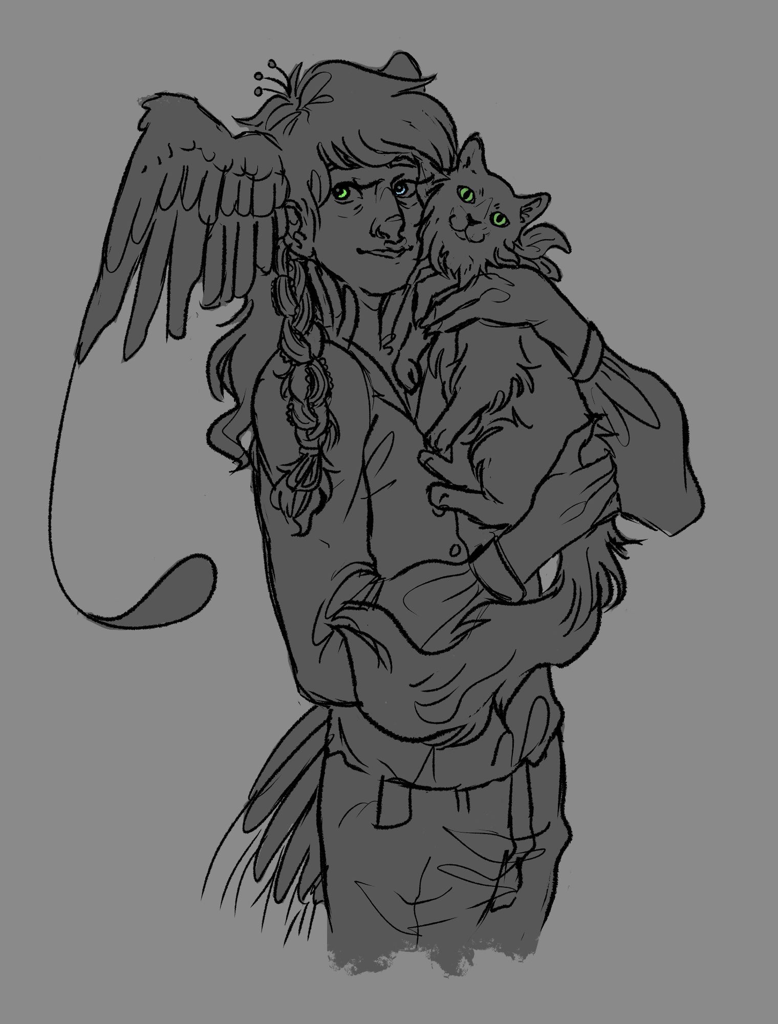 a hips up monochrome digital sketch of the artist's oc, flynn, and his cat, inky. inky is a domestic longhair, and looks a bit head empty. flynn is holding her in both arms, their faces touching, and he is wearing a smile. inky's eyes are coloured in green, and flynn's eyes in green and blue.