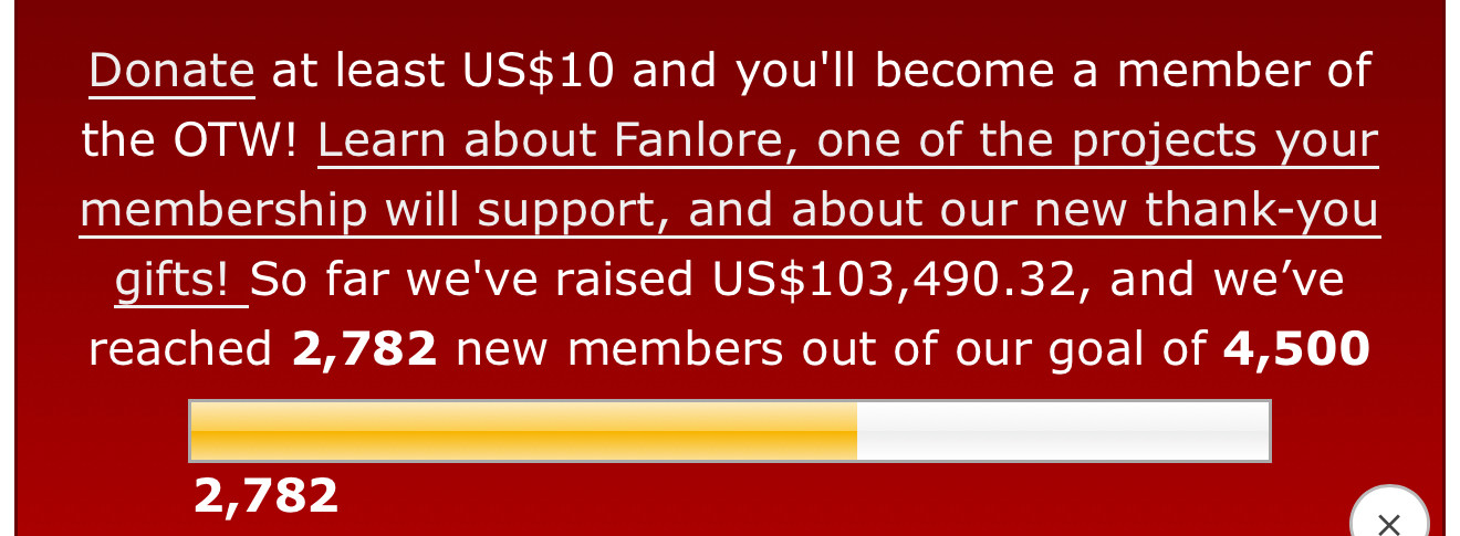 The image depicts the AO3’s current progress on their donation drive, showing that they have 2782 of 4500 new members and have raised $103,490.32.