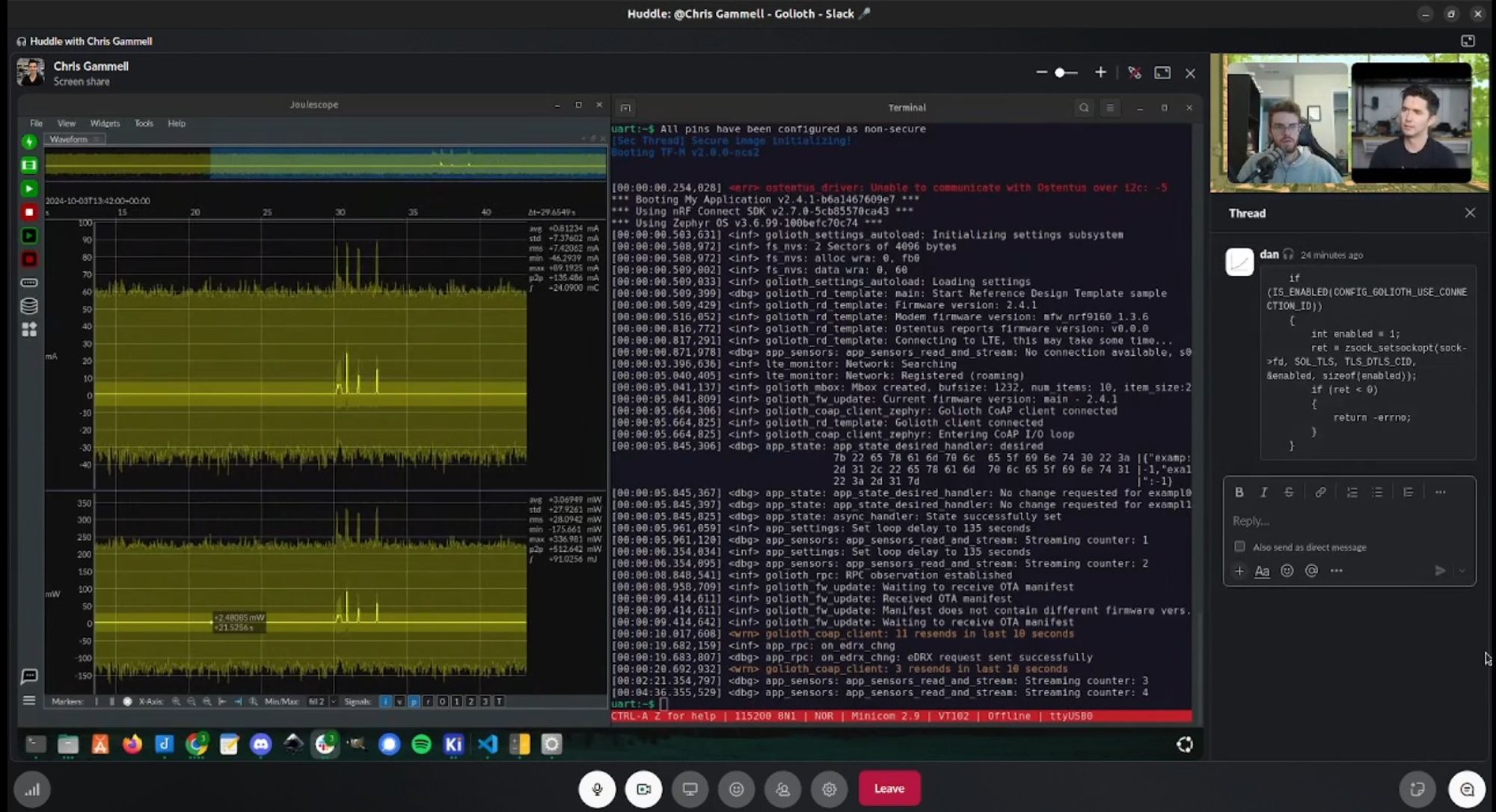 Screenshot of Chris and I on a Slack Huddle debugging a cellular network issue while profile device power consumption.