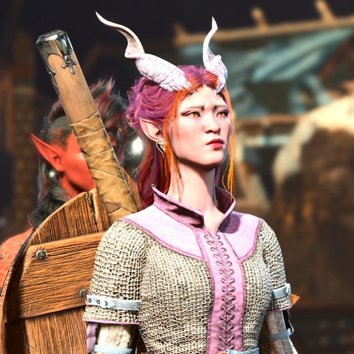 This is Fawn, one of my characters in the smash hit Baldur’s Gate 3. She’s a tiefling cleric whose real name is Dawnrose, but everyone calls her fawn ‘cause canonically she’s got deer ears, antelope horns, and a fuzzy little deer-like tail to match. She is feytouched, so her deity in BG3 is Mielikki, Lady of the Forest, but she’s actually a cleric of Sune, goddess of love.