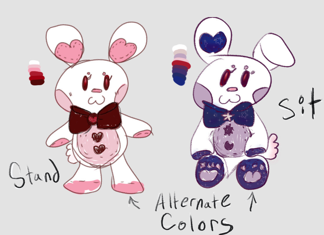 Messy reference sketch of a white rabbit plushie with a BIG bowtie. Two color ways. One has cute pink heart accents. The other has purple star accents.