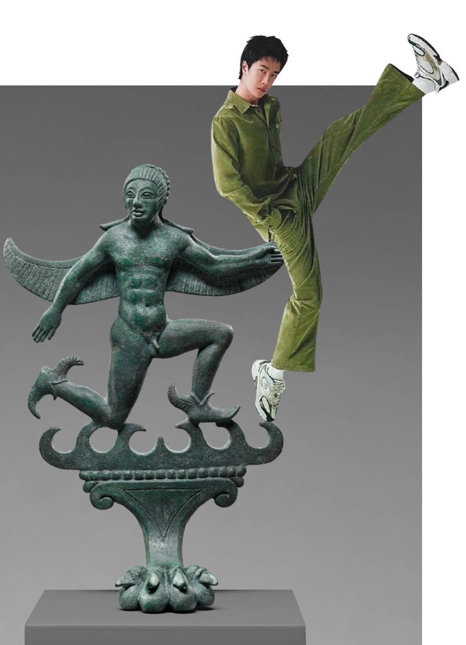 WYB in green athleisurewear, hands in pockets, enpointe on his right besneakered foot, while his left ensneakered foot kicks as high as his head. This image superimposed on a photograph of a bronze figure depicting Usil, the Etruscan sun god.