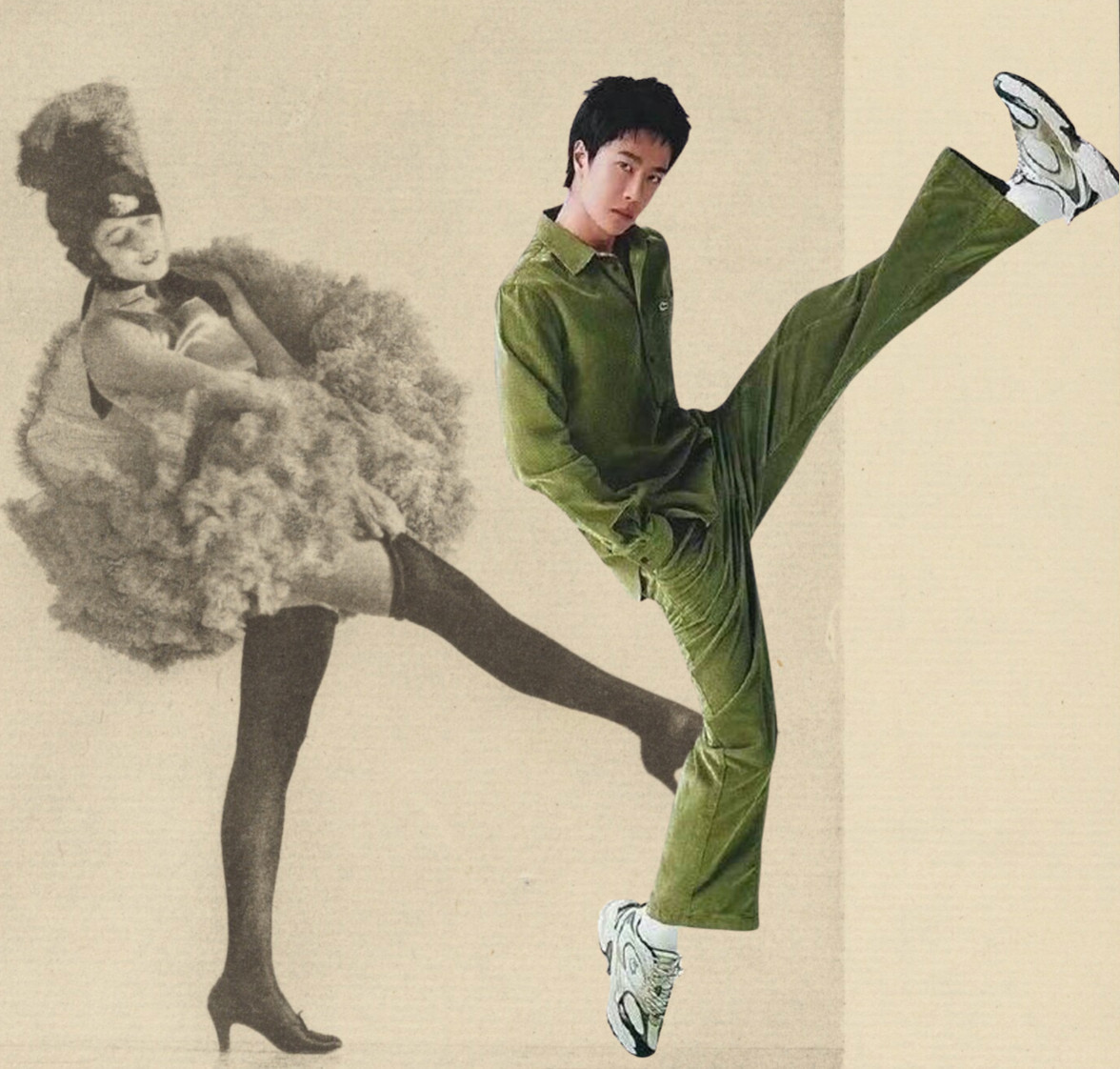 WYB in green athleisurewear, hands in pockets, enpointe on his right besneakered foot, while his left ensneakered foot kicks as high as his head. This image superimposed on a phorograph of a can can dancer from c. 1920.