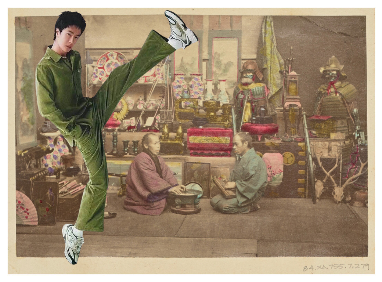 WYB in green athleisurewear, hands in pockets, enpointe on his right besneakered foot, while his left ensneakered foot kicks as high as his head. This image superimposed on a handpainted photograph of two Japanese businessmen in their shop, late 19th century.