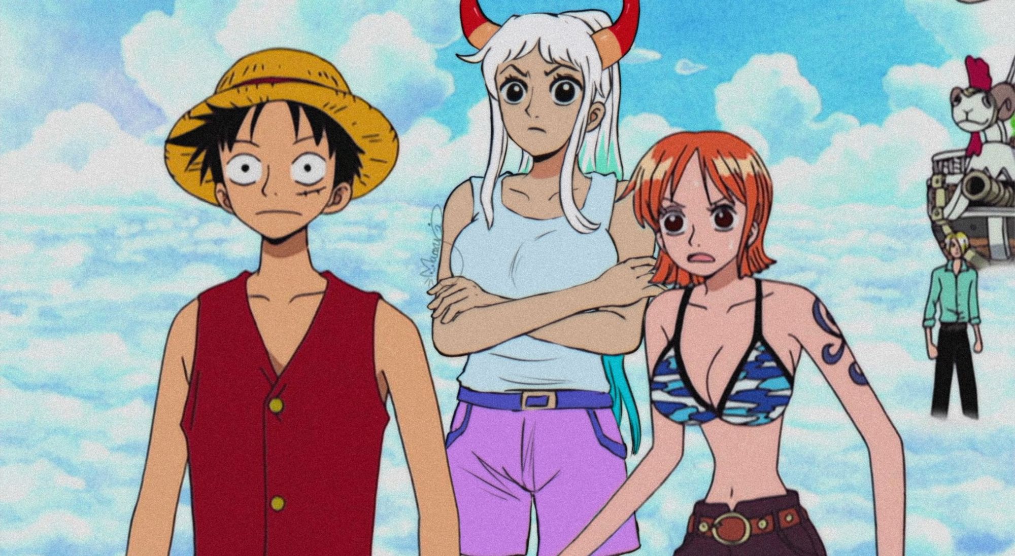 A screenshot of Skypeia episode with Yamato drawn into the screenshot. Yamato stands between luffy and nami with the artstyle being the same as it was in that arc. Yamatos hair is tied, wearing a light blue shirt and pink shorts.