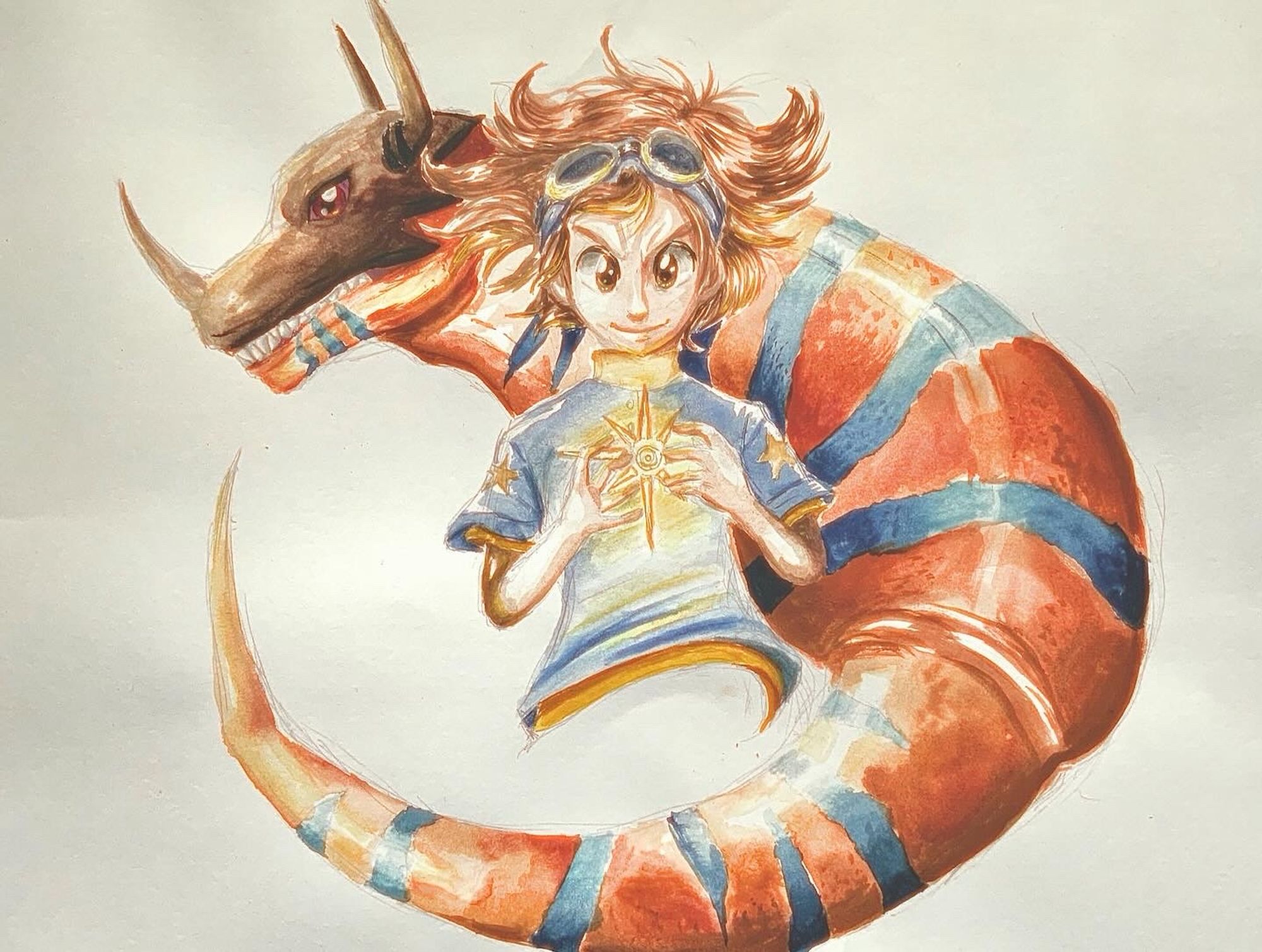 A painting of Taichi Yagami and Greymon where Taichi is in the middle and his crest of courage is between his hands. Greymon is around him with his tail around his front  head behind Taichis.