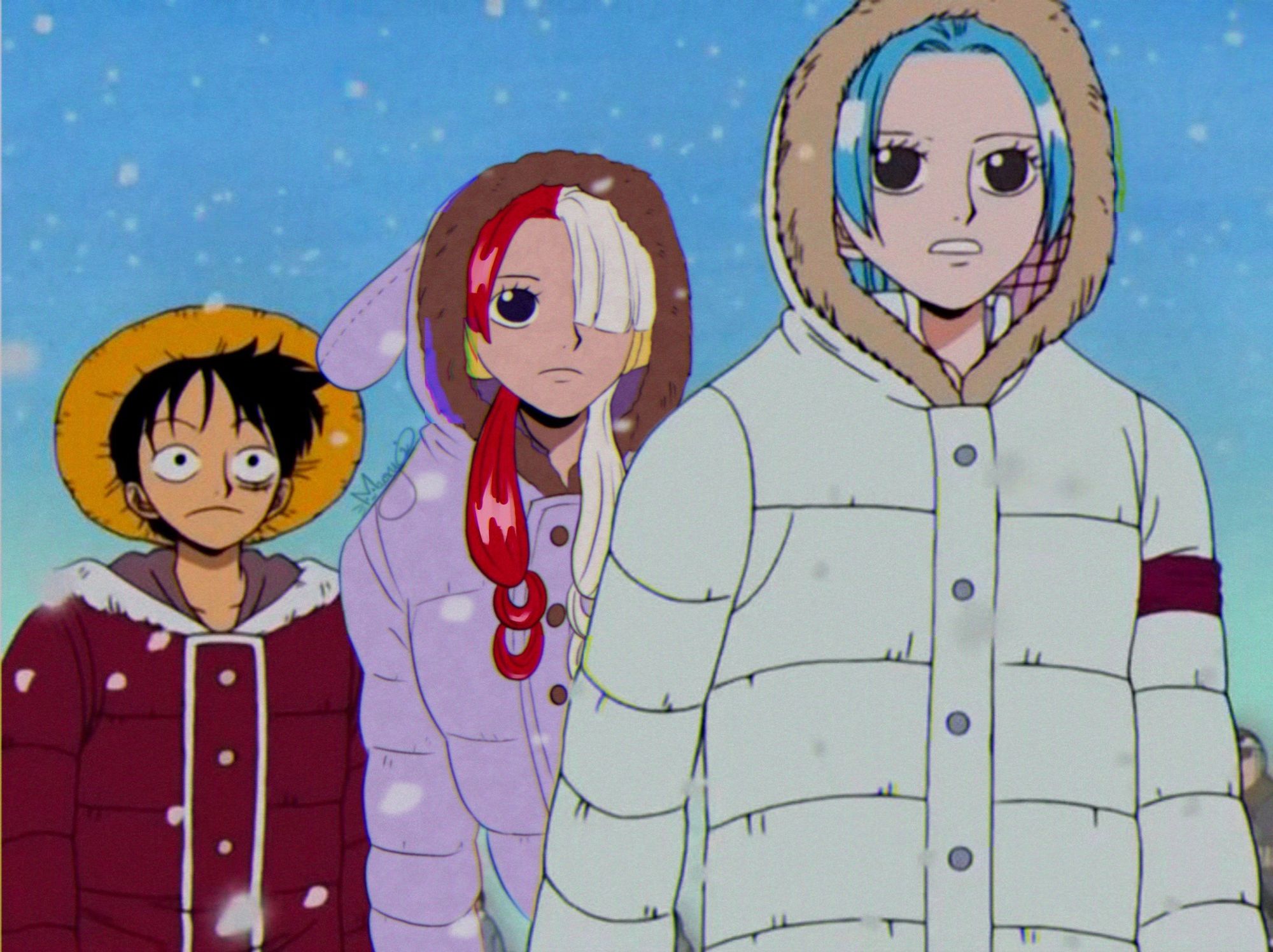 A screenshot of Drum island arc episode with Uta drawn into the scene. She stands between Luffy and Vivi with a lavender coloured snowy coat with brown fluff around the hood. The coat has bunny ears and uta is drawn in the style of the arc at the time.