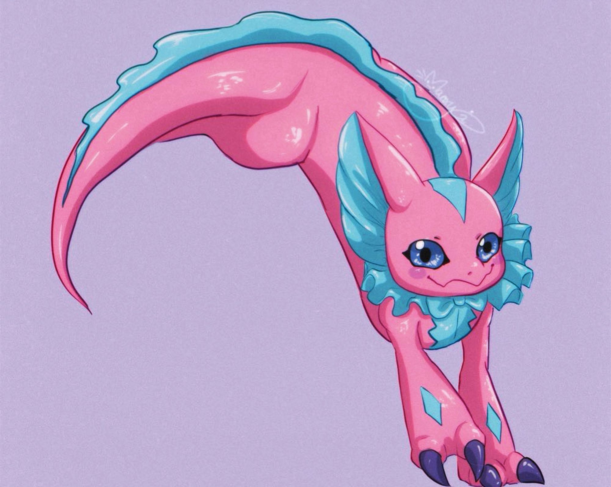 A drawing of the pink and blue digimon, Elizamon from digimon liberators landing a jump as it smiles to the viewer with a plain background.