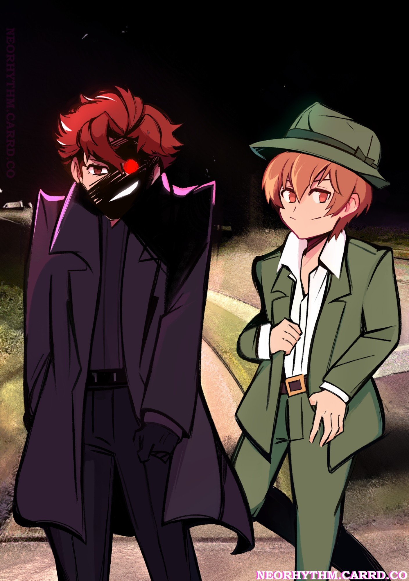 Baccano! fanart of Claire Stanfield (Vino) and Firo Prochainezo. They are standing near an empty road at night and are illuminated by a streetlight. Vino has a malicious expression. Part of his face is cast in shadows. One eye is glowing and an evil grin is visible underneath the darkness. In contrast, Firo is smiling kindly. He is wearing his usual suit and has a casual stance. He is fully illuminated by the streetlight. 