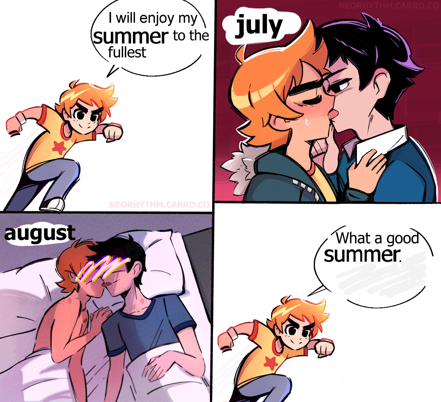 Four panel meme featuring Scott Pilgrim and Wallace Wells. In the first panel Scott is running enthusiastically. His dialogue reads "I will enjoy my summer to the fullest." Second panel is labeled "July." In that second panel Scott and Wallace are kissing with tongue. Third panel is labeled "August." In that third panel Scott and Wallace are laying intimately and kissing in bed. The last panel Scott is running by himself again and the dialogue reads "What a good summer!"