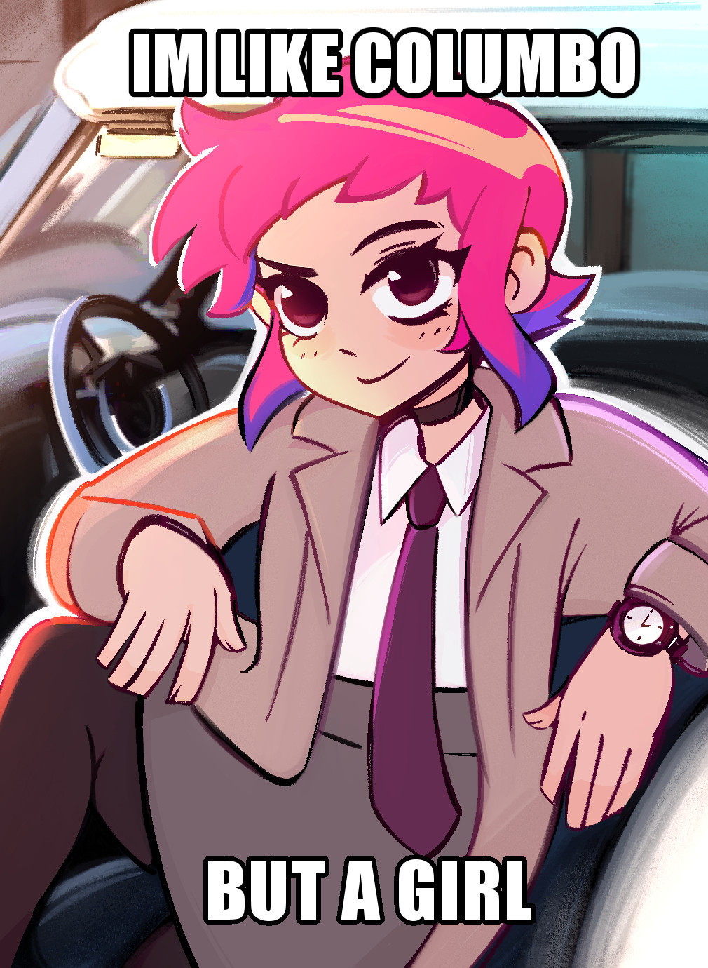 Fan art of Ramona Flowers. She is sitting on the driver's side of an old fashioned car. She has the car door open with one leg propped up. Ramona is wearing a detective's coat with a collared shirt and tie. The onscreen text reads "I'm like Columbo...But a girl." In reference to the 1970's American crime drama detective Columbo.