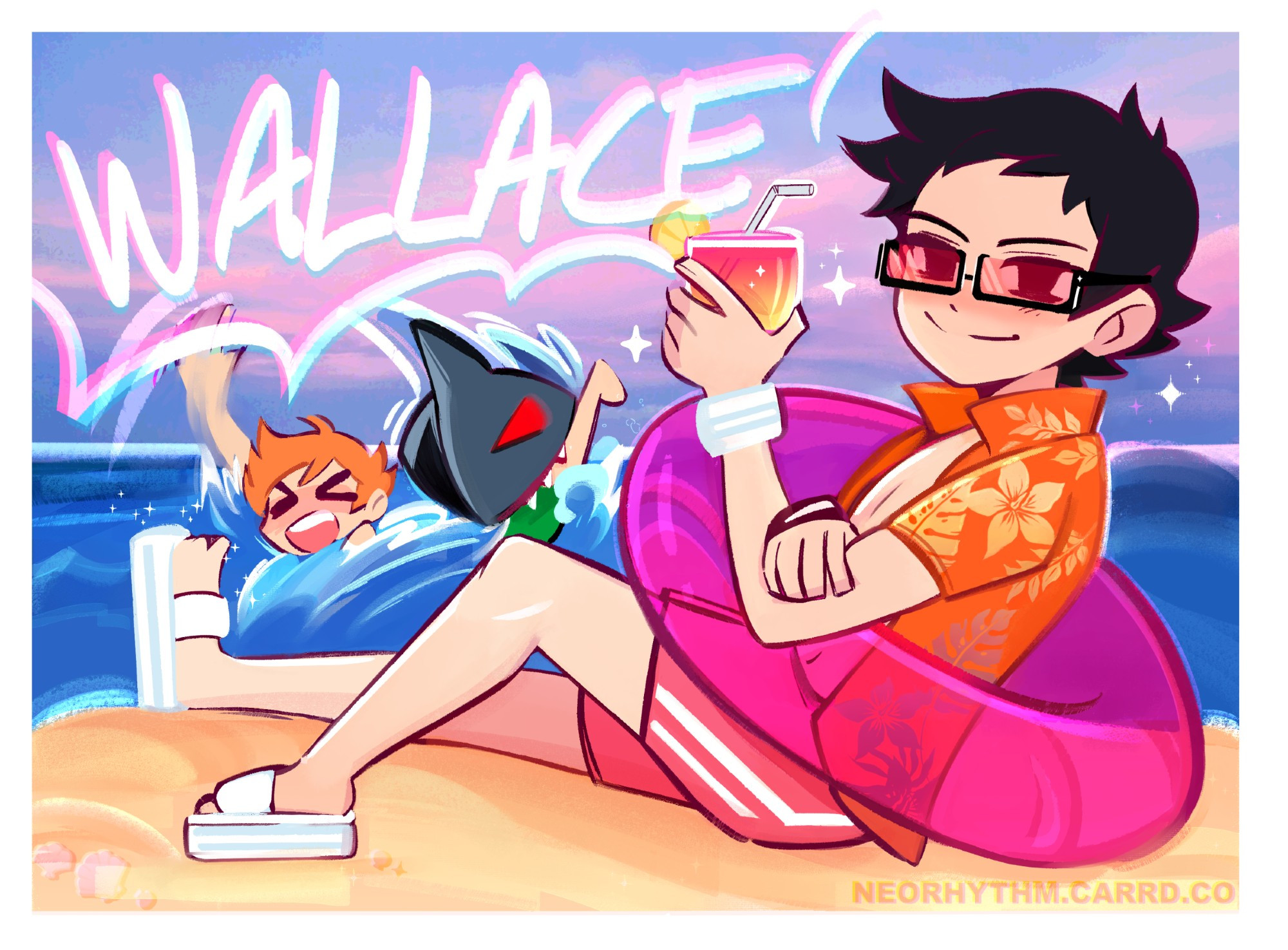 Fanart of Wallace Wells and Scott Pilgrim. Wallace is lounging on the beach near the ocean. He is wearing swim trunks, an open Hawaiian shirt, a bright pink pool float inner tube around his waist and tinted sunglasses. Wallace is also smiling and drinking a tropical cocktail. Meanwhile, in the foreground, Scott is seen splashing frantically as his leg is being bitten by a giant mechanical shark. Scott is yelling Wallace's name, but Wallace is unbothered and thriving. 