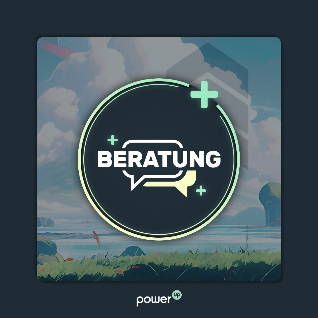 Das Wort "Beratung" in Großbuchstaben ist umgeben von leuchtenden Plussen und Linien, die an ein powerup in einem Videospiel erinnern.