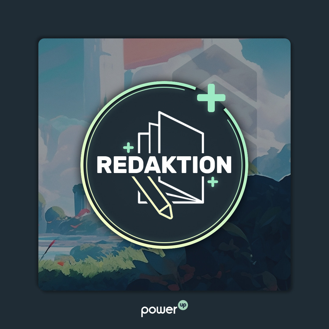 Das Wort "Redaktion" in Großbuchstaben ist umgeben von leuchtenden Plussen und Linien, die an ein powerup wie in einem Videospiel erinnern.